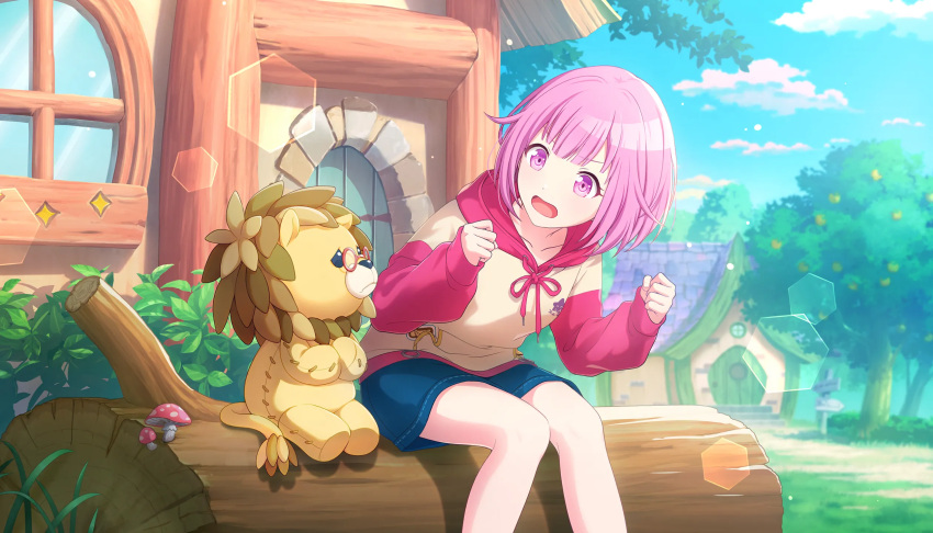 1girl animal blunt_bangs clenched_hands colorful_palette creature denim denim_shorts glasses hands_up highres hood hoodie hoshi_o_mezashite_yoosoroo!_(project_sekai) leaning_forward looking_at_another official_art ootori_emu open_mouth pink_eyes pink_hair pink_sleeves project_sekai shorts sitting sleeves_past_wrists solo stuffed_animal stuffed_lion stuffed_toy v-shaped_eyebrows