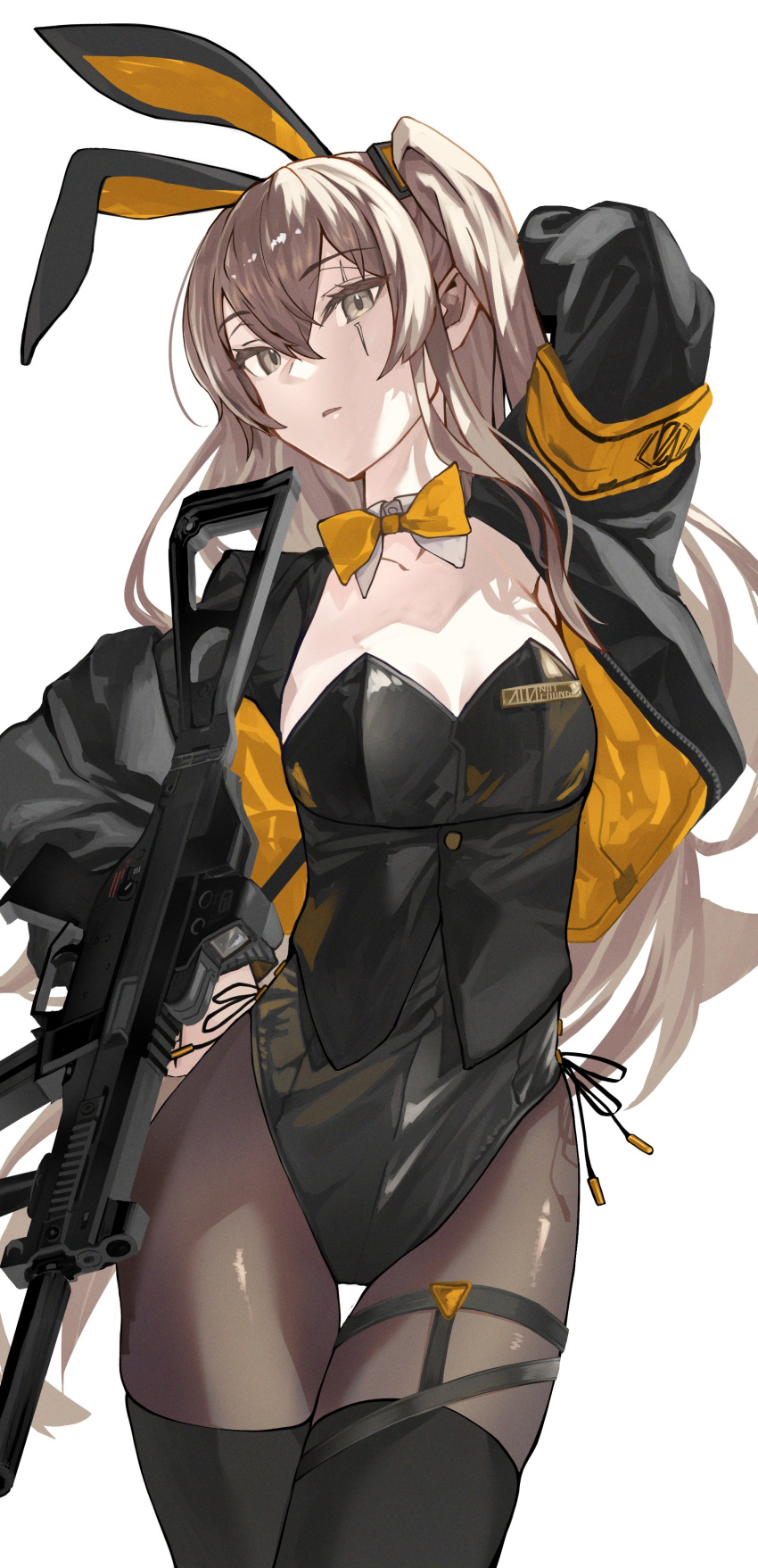 1girl absurdres alternate_costume animal_ears arm_behind_head armband black_leotard bow bowtie breasts brown_hair cowboy_shot detached_collar expressionless fake_animal_ears fujita_(condor) girls'_frontline gun h&amp;k_ump highres leotard long_hair looking_at_viewer one_side_up pantyhose playboy_bunny rabbit_ears scar scar_across_eye scar_on_face small_breasts strapless strapless_leotard submachine_gun thigh_strap traditional_bowtie ump45_(girls'_frontline) weapon white_background yellow_armband