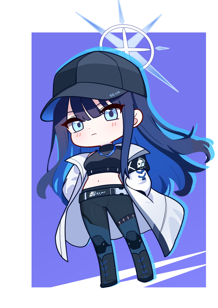 1girl absurdres baseball_cap black_hair black_pants black_shirt blue_archive blue_eyes blue_hair blue_halo blush breasts closed_mouth coat colored_inner_hair concha_(mamecha) full_body halo hat highres long_hair long_sleeves medium_breasts multicolored_hair navel open_clothes open_coat pants saori_(blue_archive) shirt sleeveless sleeveless_shirt solo white_coat