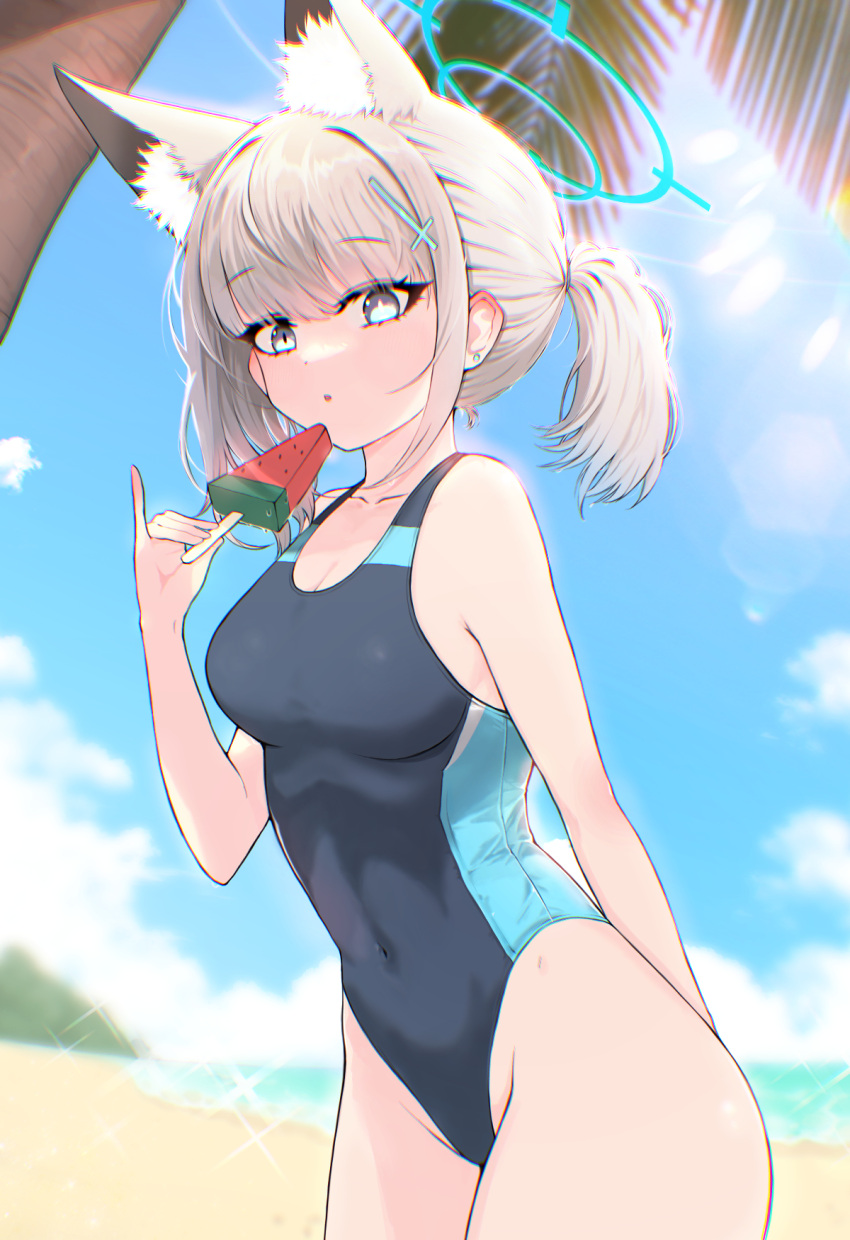 animal_ear_fluff animal_ears beach black_one-piece_swimsuit blue_archive blue_eyes blue_sky breasts cloud competition_swimsuit covered_navel cowboy_shot cross_hair_ornament day extra_ears food grey_hair hair_ornament halo highres horizon leaning_forward looking_at_viewer low_ponytail medium_breasts medium_hair mismatched_pupils multicolored_clothes multicolored_swimsuit ocean official_alternate_costume one-piece_swimsuit outdoors palm_tree popsicle shiroko_(blue_archive) shiroko_(swimsuit)_(blue_archive) sky swimsuit tree watermelon_bar wolf_ears yosik
