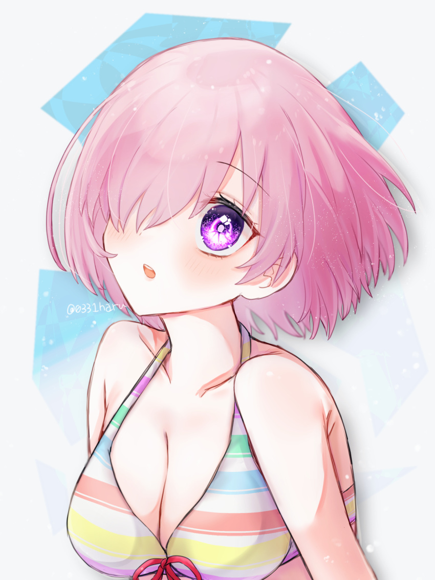 1girl bare_shoulders bikini bikini_top_only blush breasts cleavage collarbone fate/grand_order fate_(series) floating_hair front-tie_bikini_top front-tie_top halterneck harukappa head_tilt highres mash_kyrielight medium_breasts multicolored_bikini multicolored_clothes open_mouth pink_hair purple_eyes red_ribbon ribbon short_hair solo striped_bikini striped_clothes swimsuit twitter_username upper_body