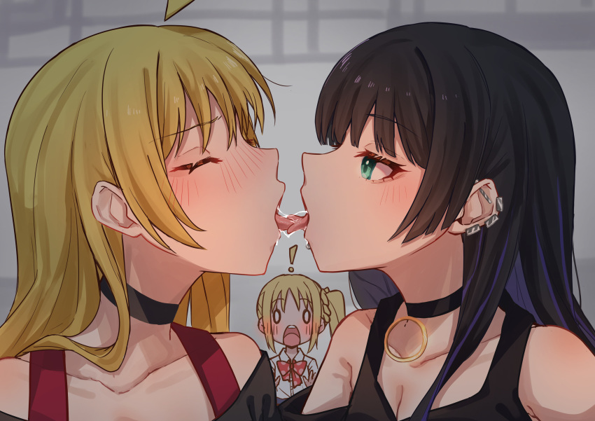 ! 3girls absurdres ahoge armpit_crease black_choker black_dress black_hair blonde_hair blunt_bangs blush bocchi_the_rock! bow breasts caught chin_piercing choker cleavage closed_eyes clothing_cutout collarbone colored_inner_hair detached_ahoge dress ear_bar ear_piercing earclip french_kiss goth_fashion green_eyes hair_between_eyes highres hime_cut ijichi_nijika ijichi_seika kiss lip_piercing long_hair long_sleeves mouth_piercing multicolored_hair multiple_girls off-shoulder_shirt off_shoulder pa-san piercing polka_dot polka_dot_bow purple_hair red_choker red_shirt saliva school_uniform shirt shoulder_cutout white_shirt yozakurayuyu yuri