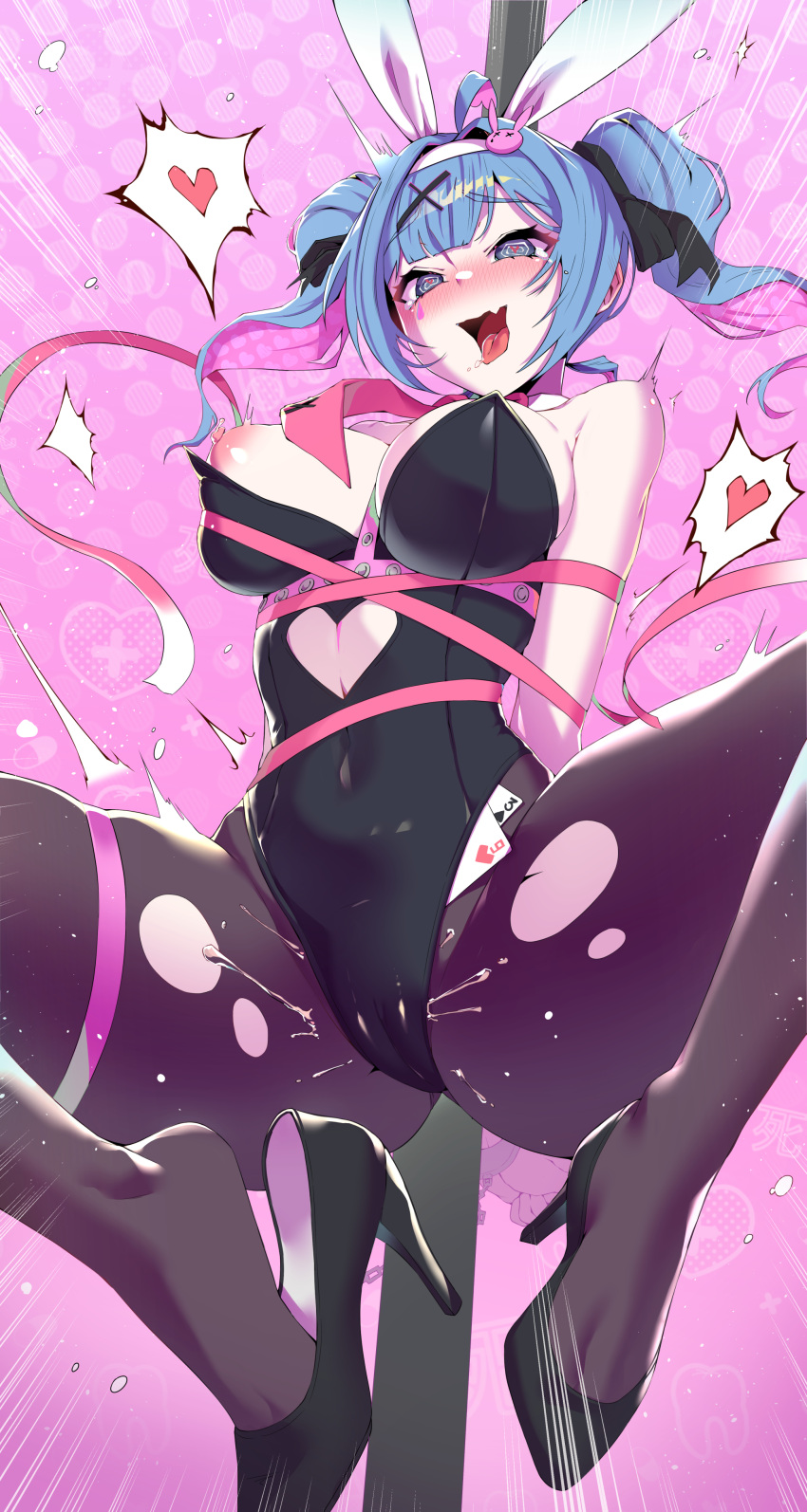 1girl @_@ absurdres animal_ears arms_behind_back black_footwear black_leotard black_pantyhose blue_eyes blue_hair blush cameltoe card covered_navel crying crying_with_eyes_open cutout_above_navel fake_animal_ears female_ejaculation hatsune_miku heart high_heels highres leotard long_hair moai_(moai_00_) multicolored_hair pantyhose pink_hair pink_ribbon playboy_bunny playing_card rabbit_ears rabbit_hole_(vocaloid) ribbon solo spoken_heart tears torn_clothes torn_pantyhose vocaloid wardrobe_malfunction