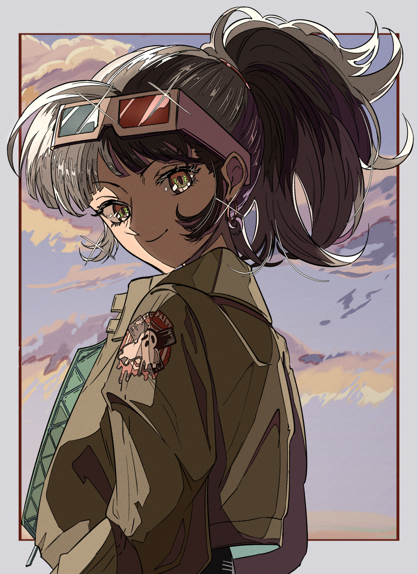 1girl 3d_glasses absurdres an-an_lee black_hair border closed_mouth cloud eyewear_on_head from_side green_jacket grey_border highres jacket looking_at_viewer looking_to_the_side medium_hair natsugu72 outside_border ponytail purple_sky reverse:1999 sidelighting sky smile solo turning_head upper_body yellow_eyes