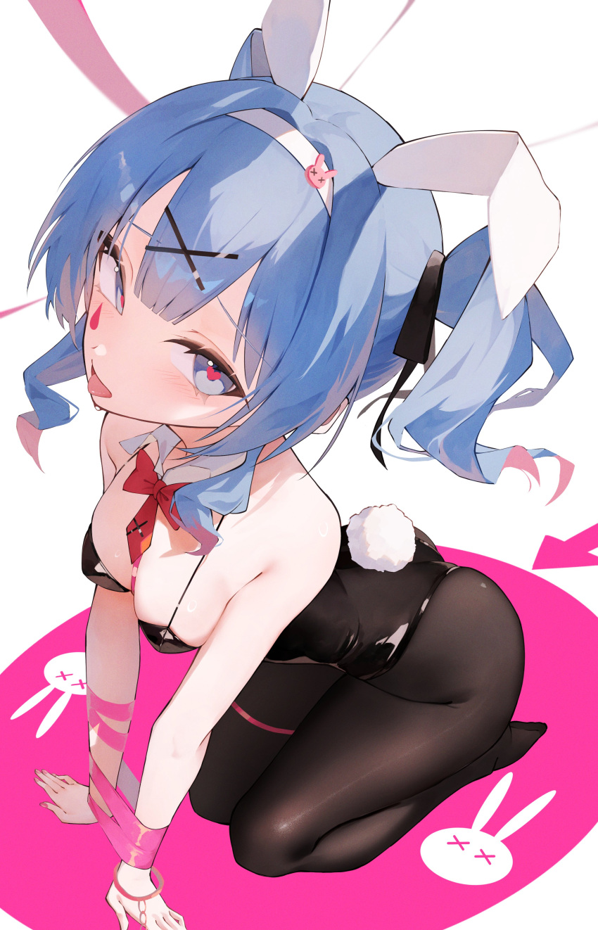 1girl 200f_(nifu) absurdres animal_ears bare_shoulders black_leotard blue_eyes blue_hair bound bound_arms bow bowtie breasts commentary_request detached_collar fake_animal_ears fake_tail full_body hair_ornament hairband hatsune_miku heart heart-shaped_pupils highres kneeling leotard looking_at_viewer medium_breasts pantyhose playboy_bunny rabbit_ears rabbit_hole_(vocaloid) rabbit_tail red_bow red_bowtie red_pupils simple_background solo strapless strapless_leotard symbol-shaped_pupils tail teardrop_facial_mark tongue tongue_out white_background white_hairband x_hair_ornament