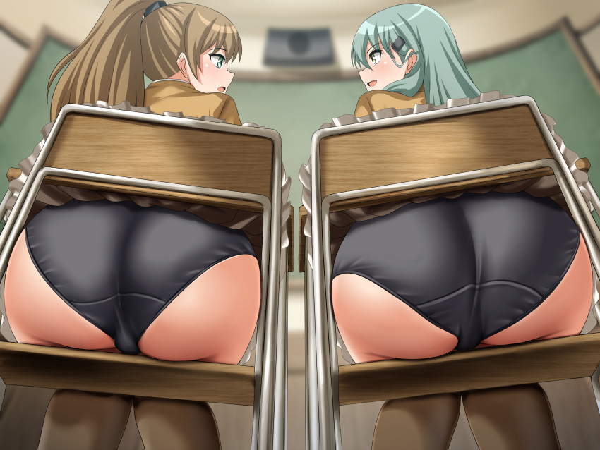 2girls absurdres ass black_panties brown_hair brown_skirt brown_thighhighs chair classroom frilled_skirt frills from_behind green_eyes green_hair hair_ornament hairclip highres indoors kantai_collection kumano_(kancolle) kumano_kai_ni_(kancolle) long_hair miniskirt multiple_girls panties ponytail school_chair school_uniform sitting skirt suzuya_(kancolle) suzuya_kai_ni_(kancolle) thighhighs underwear variant_set zanntetu