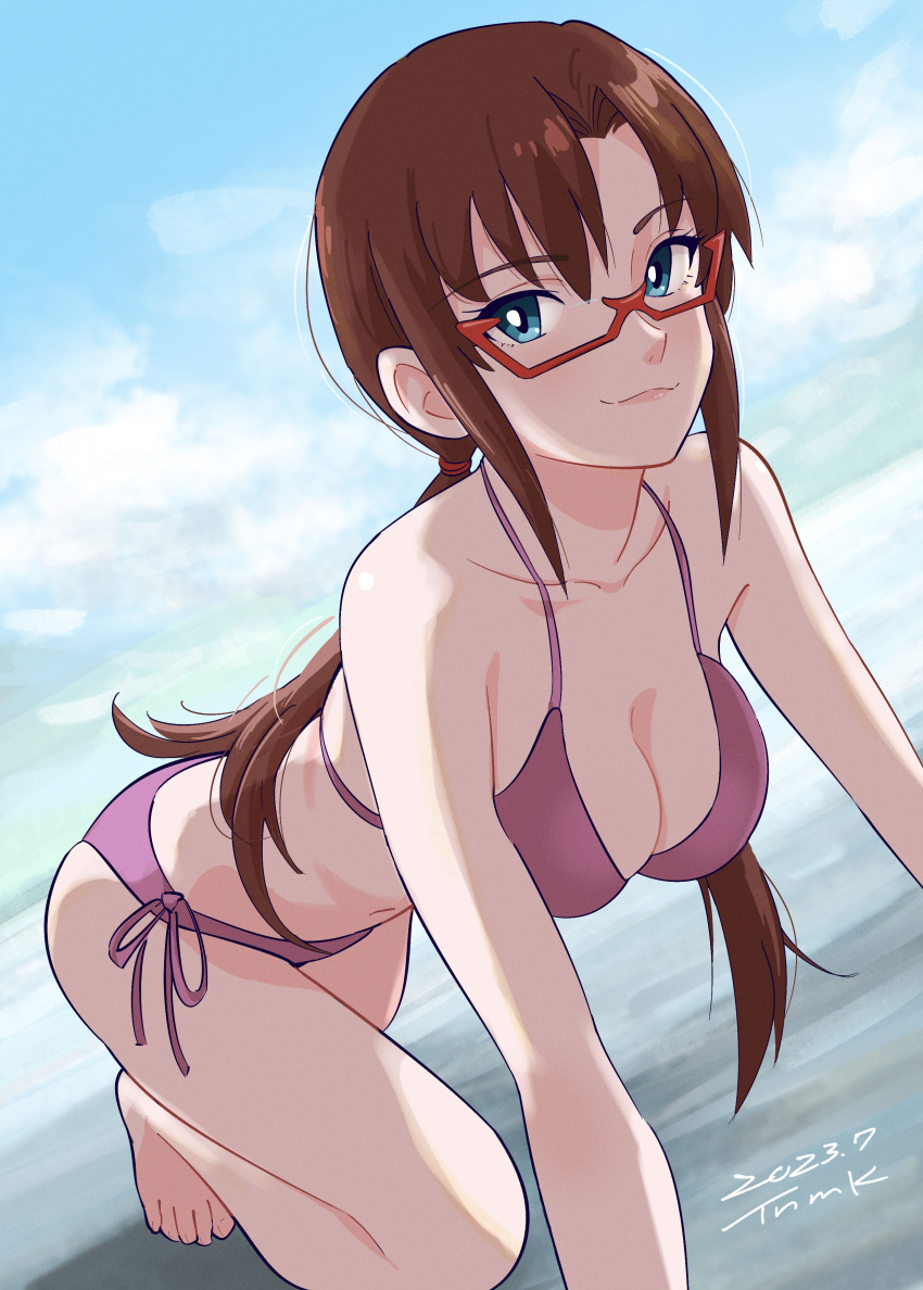 1girl :3 absurdres all_fours bare_arms bare_legs barefoot bikini blue_eyes breasts brown_hair cleavage closed_mouth collarbone day dutch_angle glasses highres long_hair looking_at_viewer low_twintails makinami_mari_illustrious medium_breasts neon_genesis_evangelion outdoors pink_bikini red-framed_eyewear semi-rimless_eyewear side-tie_bikini_bottom solo swimsuit tsunemoku twintails under-rim_eyewear very_long_hair