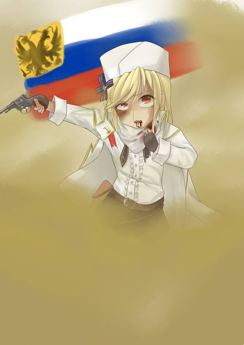 absurdres bandana belt blonde_hair blood blood_from_mouth blood_on_face blood_on_rags cape fingerless_gloves flag frills gas girls'_frontline gloves gun hair_ornament highres historical_event holding holding_weapon imperial_russian_flag injury nagant_m1895 nagant_revolver_(girls'_frontline) pepsi2330 red_eyes revolver weapon white_hat world_war_i