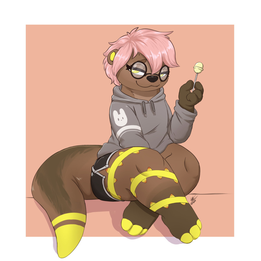 absurd_res anthro bottomwear brown_body brown_fur candy casey_quartz clothing crossed_legs dessert eyewear female food fur glasses hair hi_res holding_object hoodie lollipop looking_at_viewer louart mammal markings mustelid otter pink_hair shorts sitting solo tail thick_tail topwear yellow_eyes yellow_inner_ear yellow_markings