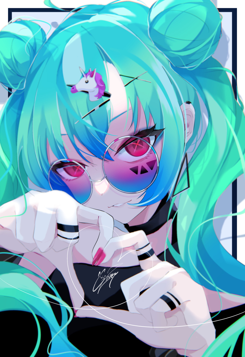 1girl absurdres antenna_hair aqua_hair choker facial_tattoo goma_irasuto hair_bun hair_ornament highres long_hair looking_at_viewer nail nail_polish original pink_eyes shirt solo sunglasses tattoo unicorn_hair_ornament