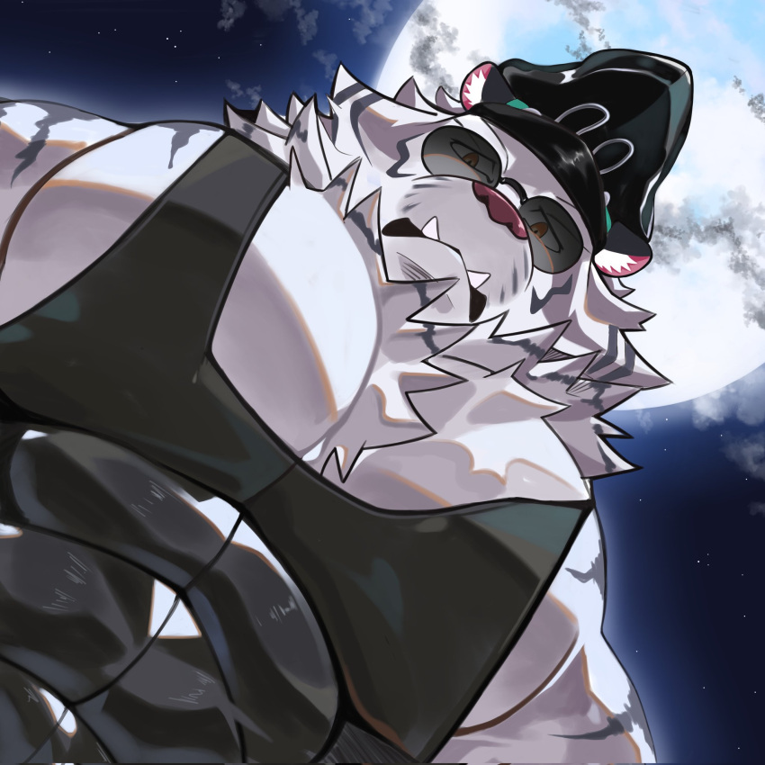 1boy ameno_mikazuki animal_ears bara black_tank_top chest_tuft dislyte foreshortening from_below full_moon furry furry_male highres jin_qiu_(ru_shou)_(dislyte) large_pectorals latex looking_at_viewer looking_down male_focus meme moon muscular muscular_male nipple_slip nipples pectoral_cleavage pectoral_focus pectorals photo-referenced short_hair sidepec solo sunglasses tank_top thick_eyebrows tiger_boy tiger_ears tusks upper_body yur_oc_like_this_(meme)