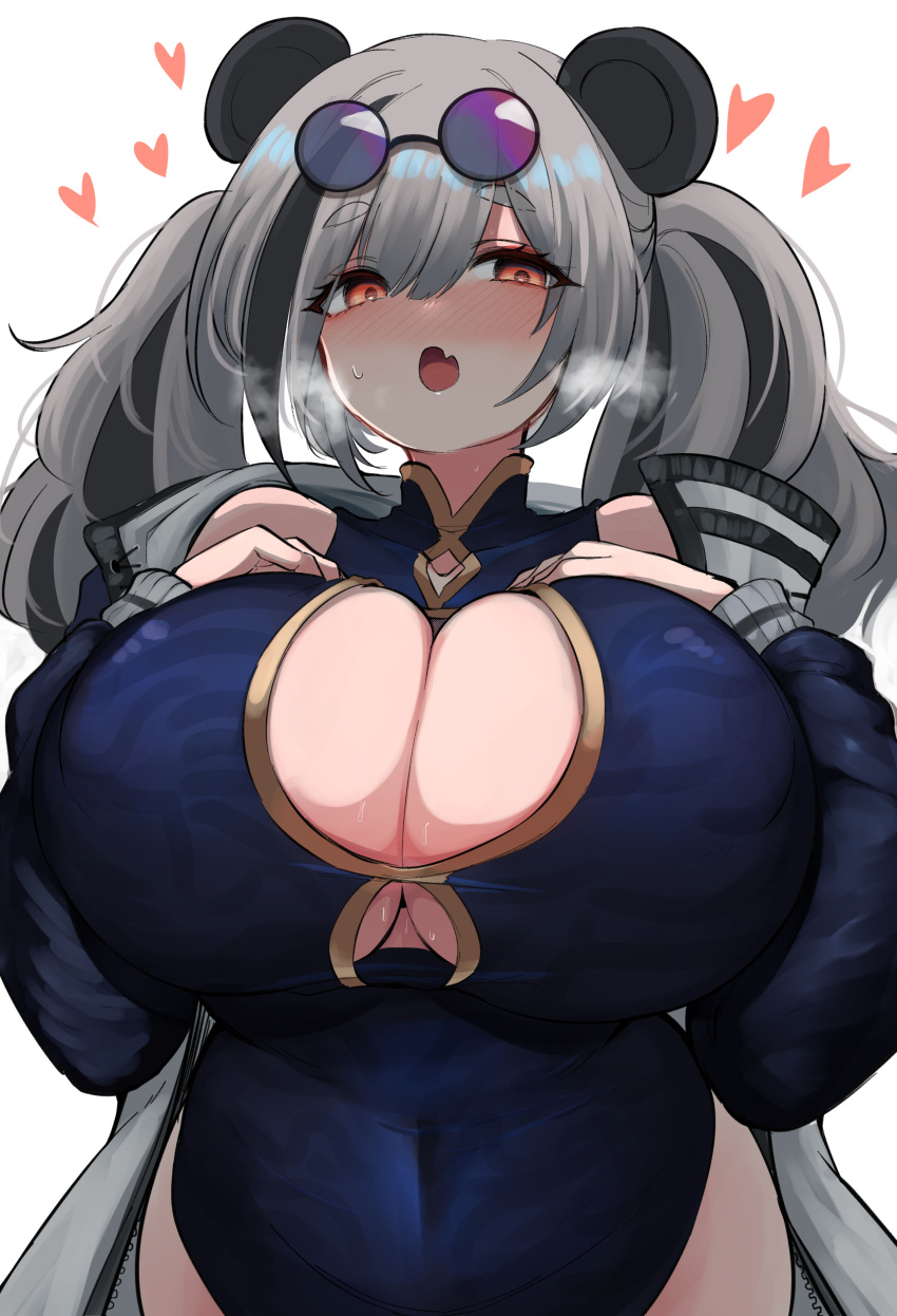 10eki_(tenchou) 1girl absurdres animal_ears arknights blush breasts china_dress chinese_clothes cleavage cleavage_cutout clothing_cutout covered_navel dress eyewear_on_head fang feater_(arknights) grey_hair heart heavy_breathing highres huge_breasts jacket panda_ears red_eyes skin_fang sunglasses twintails white_background