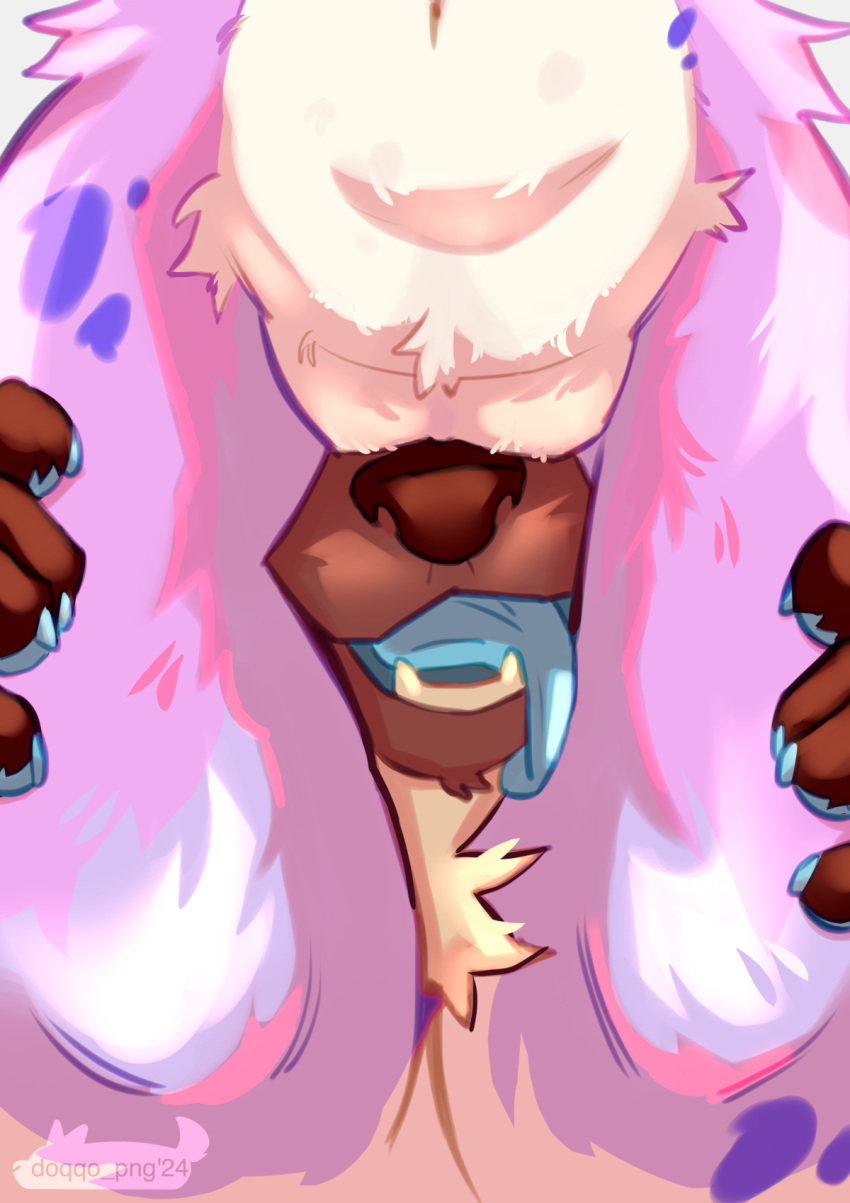 anthro claws doqqo_png duo facesitting female fluffy genitals hi_res licking male male/female pussy sitting_on_another squish teeth_showing thigh_squish tongue tongue_out