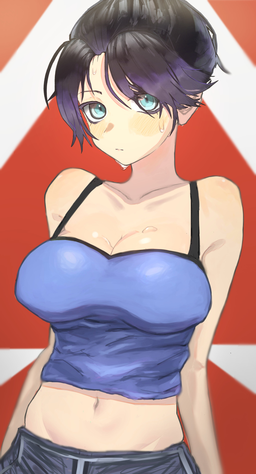 1girl absurdres alternate_costume animification apex_legends black_hair black_pants blue_camisole blue_eyes blush breasts camisole cleavage collarbone frown highres looking_at_viewer medium_breasts midriff misoshiru_(user_udnr5535) navel pants parted_bangs solo sweat sweatpants wraith_(apex_legends)