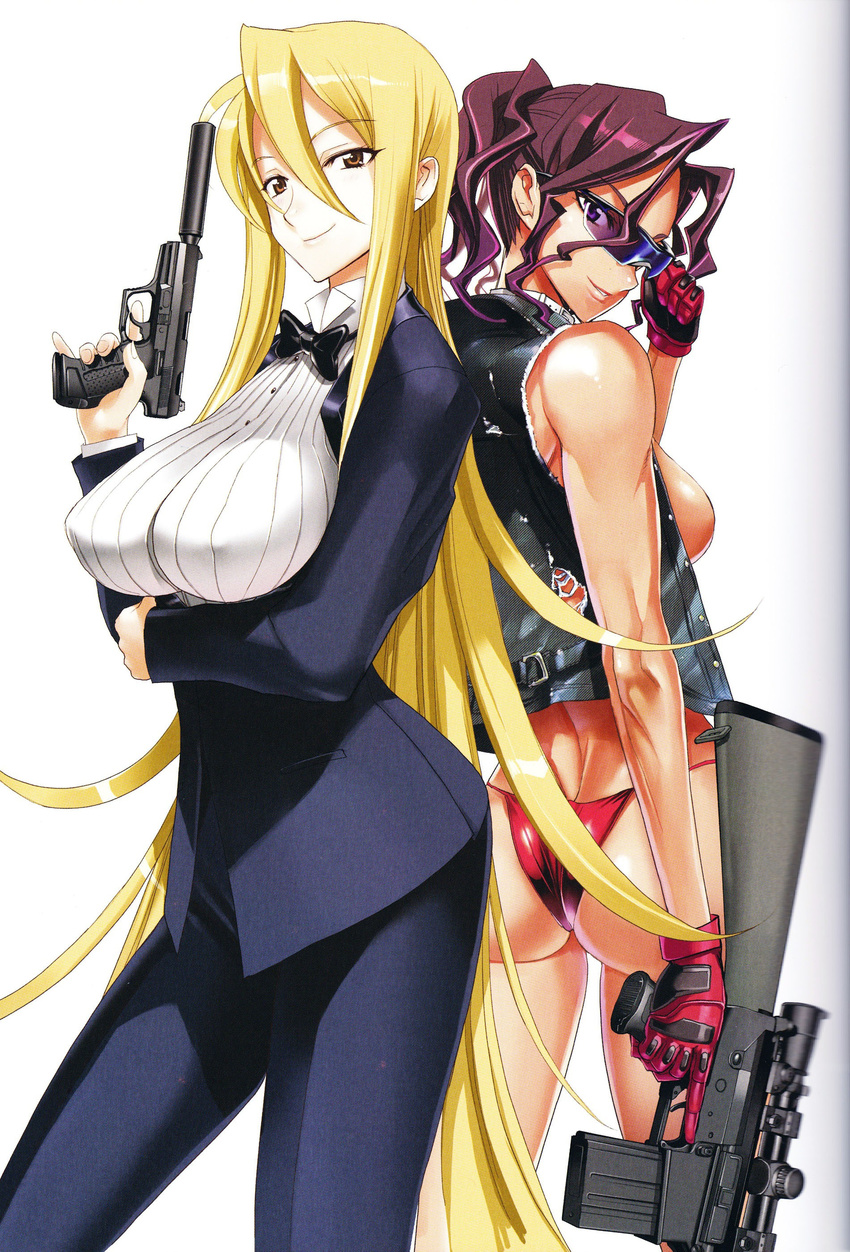 absurdres adjusting_eyewear ass assault_rifle back-to-back blonde_hair breasts brown_eyes brown_hair butt_crack covered_nipples formal gloves gun handgun highres highschool_of_the_dead huge_breasts james_bond_(series) long_hair looking_back marikawa_shizuka minami_rika multiple_girls pant_suit parody pinky_out pistol rifle satou_shouji scan scan_artifacts scope sideboob sleeveless sniper_rifle suit sunglasses suppressor swimsuit tan tankini trigger_discipline tuxedo very_long_hair vest walther walther_p99 weapon