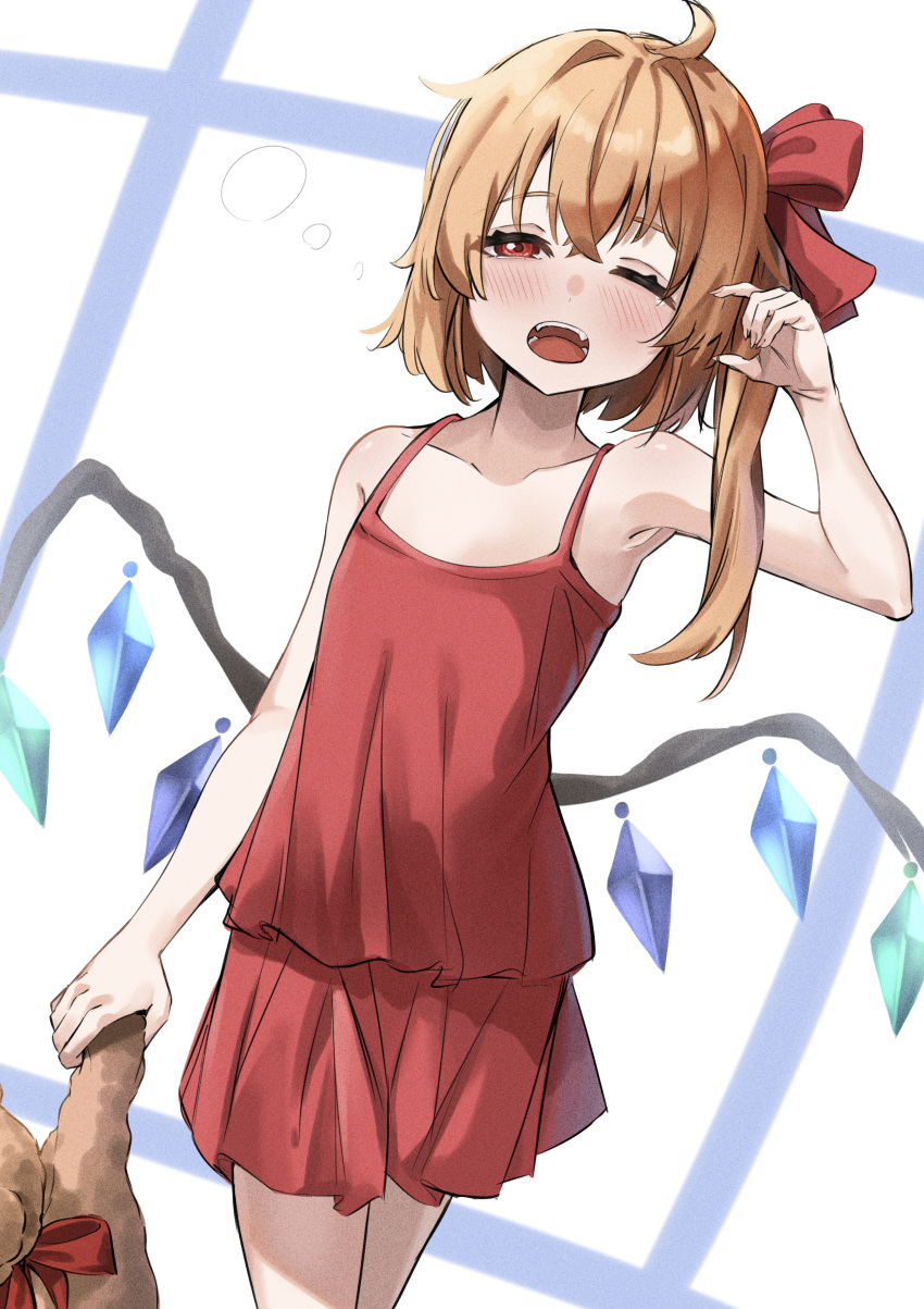 1girl absurdres ahoge backlighting bare_arms blonde_hair bow cowboy_shot flandre_scarlet flat_chest hair_bow half-closed_eye highres holding long_hair looking_at_viewer one_eye_closed ramiki red_bow red_eyes red_shirt red_shorts shirt short_shorts shorts side_ponytail sleepy sleeveless sleeveless_shirt solo standing stuffed_animal stuffed_toy teddy_bear touhou wings