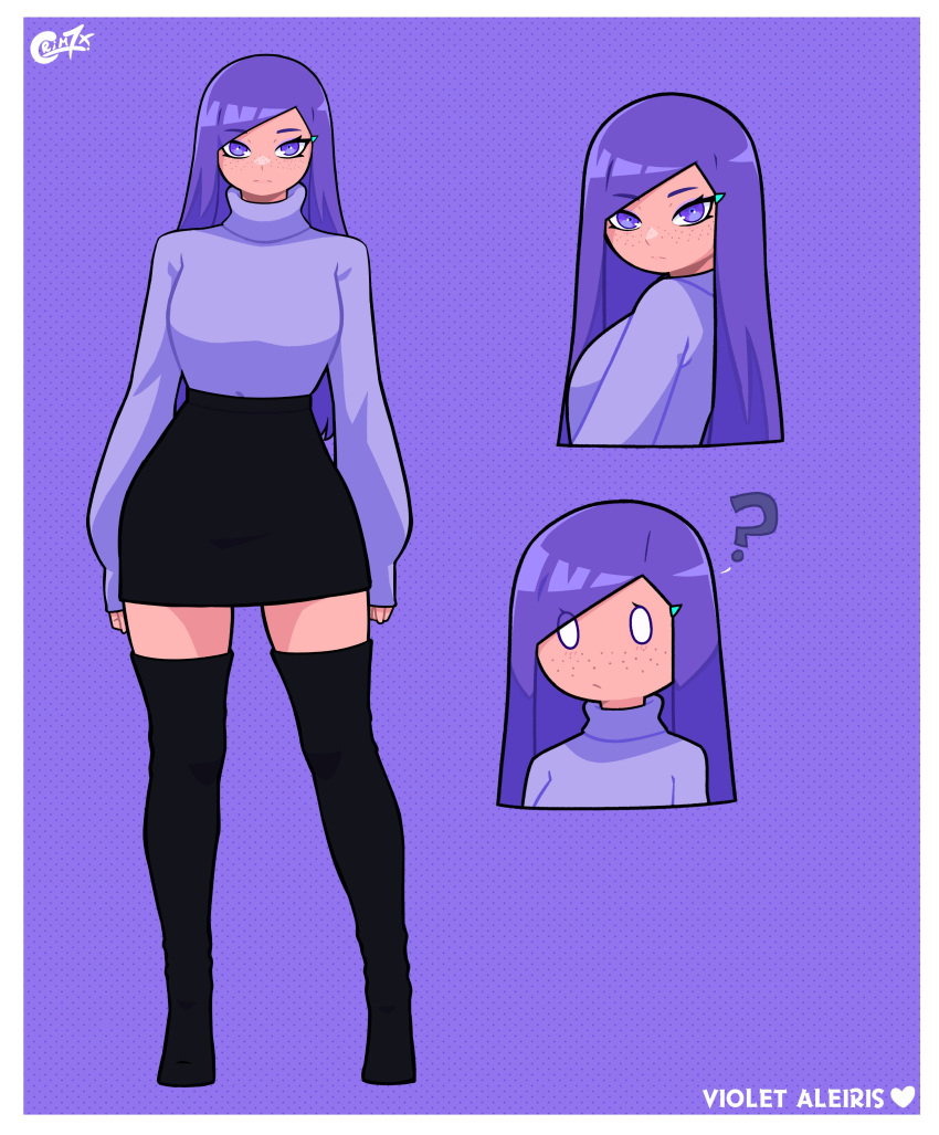 1girl ? absurdres artist_logo black_footwear black_skirt boots character_name commentary crim_(crim7x) english_commentary eyeliner from_side full_body highres long_hair long_sleeves looking_at_viewer makeup multiple_views original pencil_skirt purple_background purple_eyes purple_hair purple_sweater purple_theme simple_background skirt standing sweater thigh_boots upper_body