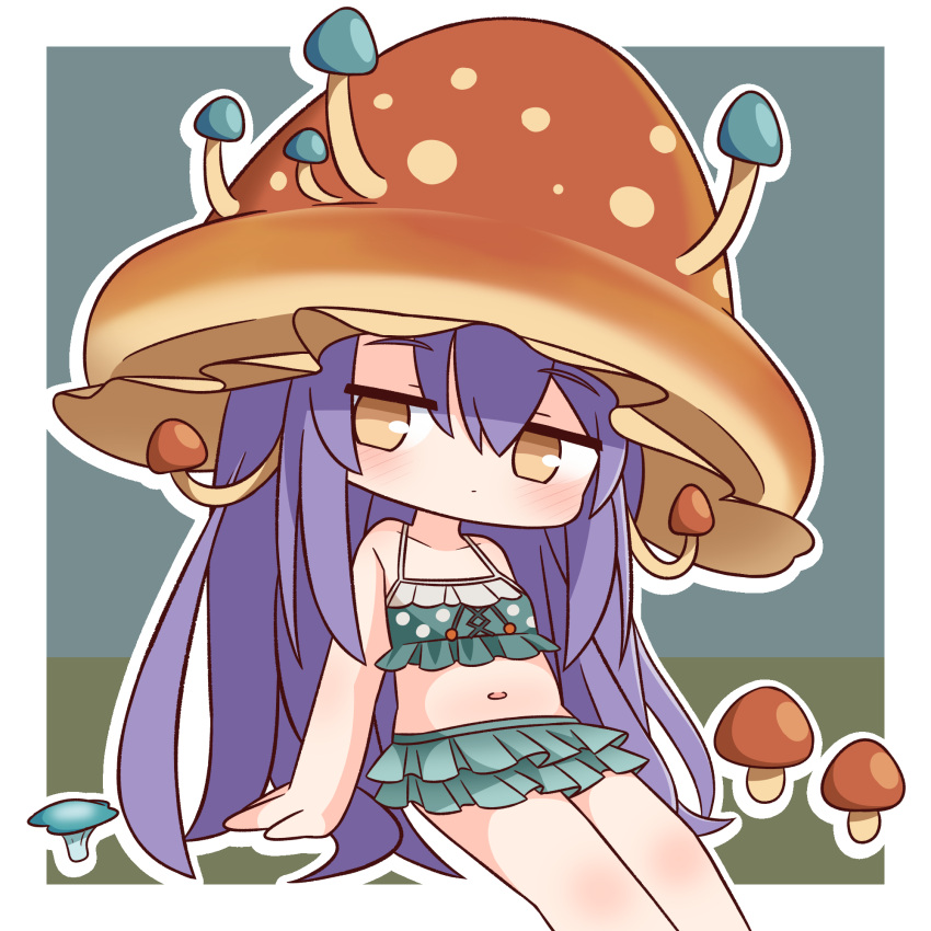 1girl bare_arms bare_shoulders bikini blue_bikini breasts brown_eyes character_request chibi closed_mouth collarbone commentary_request feet_out_of_frame frilled_bikini frills granblue_fantasy hair_between_eyes hana_kazari highres long_hair looking_at_viewer mushroom mushroom_hat navel outline polka_dot polka_dot_bikini purple_hair sitting small_breasts solo swimsuit very_long_hair white_outline