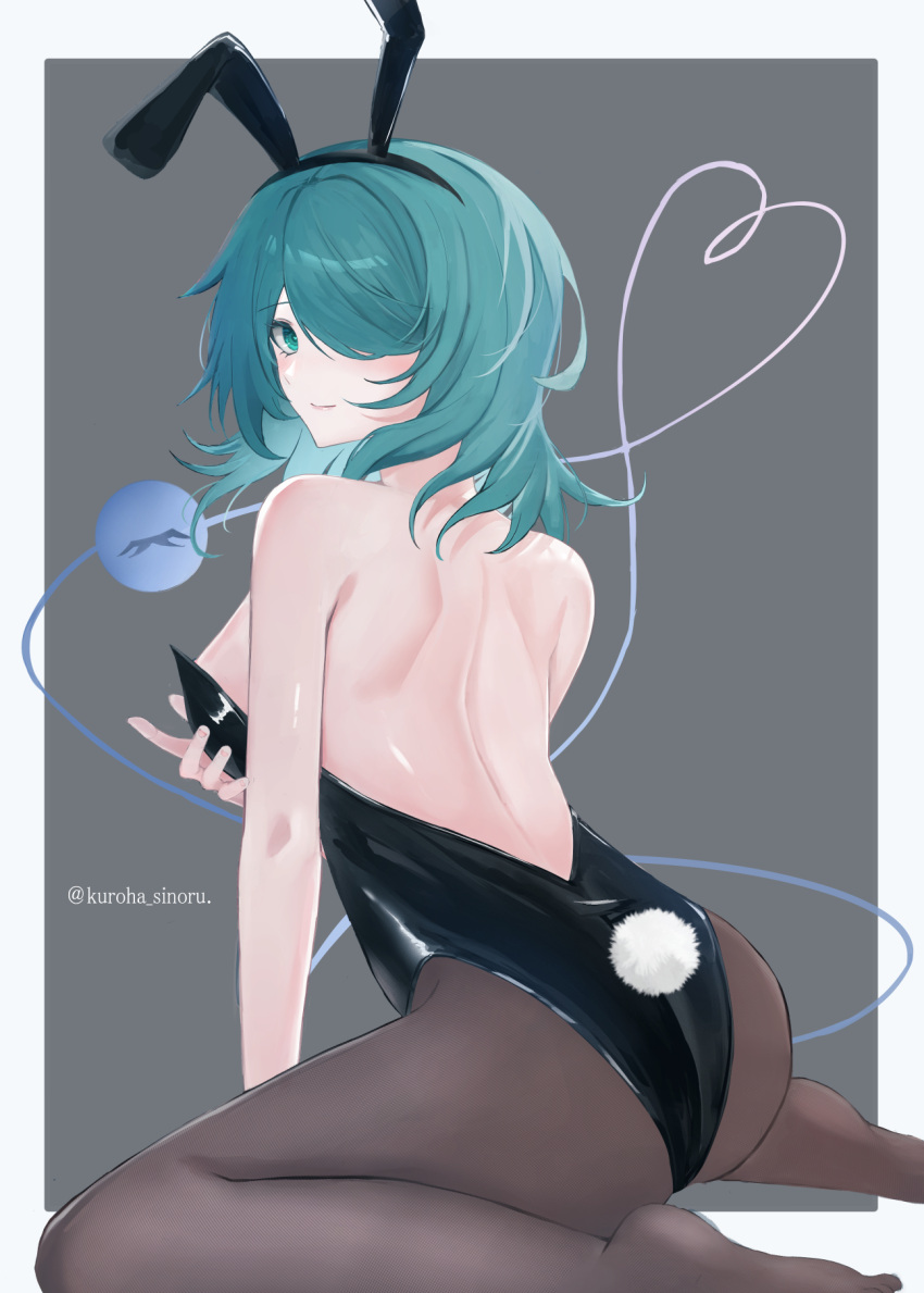 1girl alternate_costume animal_ears arm_support back bare_shoulders black_leotard black_pantyhose border breast_hold breasts closed_mouth commentary curvy fake_animal_ears fake_tail feet foot_out_of_frame from_side green_eyes green_hair grey_background hair_over_one_eye hand_up heart heart_of_string highleg highleg_leotard highres komeiji_koishi kuro_wa_shinoru leaning_forward leotard lips looking_at_viewer medium_breasts medium_hair no_headwear no_shoes one_eye_covered pantyhose playboy_bunny rabbit_ears rabbit_tail simple_background sitting smile solo strapless strapless_leotard tail thighs third_eye touhou twitter_username wariza white_border
