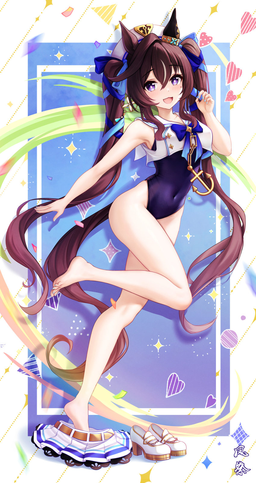 1girl absurdres animal_ears armpits barefoot beret breasts brown_hair covered_navel full_body hair_between_eyes hair_ornament hat heart highres horse_ears horse_girl horse_tail kazamatsuri_honatsu leg_up medium_breasts mole mole_under_eye narrow_waist open_mouth purple_eyes ribbon shoes solo swimsuit tail thighhighs umamusume unworn_shoes vivlos_(umamusume)