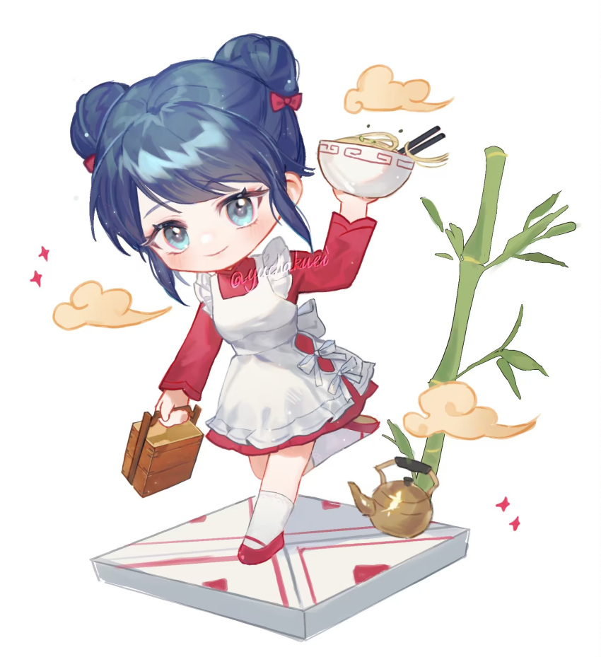 1girl apron blue_eyes blue_hair chibi double_bun dress food hair_bun highres looking_at_viewer marinette_dupain-cheng miraculous_ladybug noodles ramen red_dress red_footwear smile solo teapot white_apron white_background yuchakuei