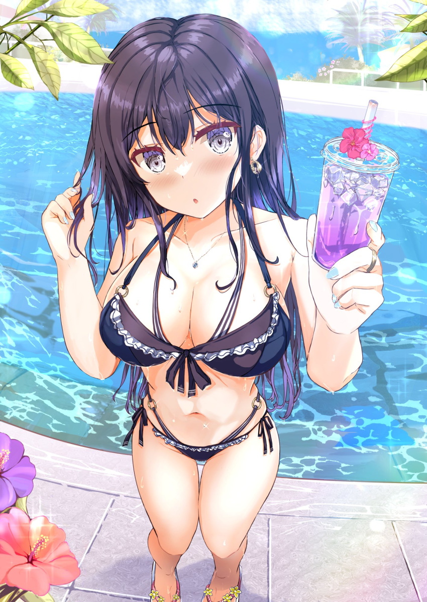 1girl bikini black_bikini black_hair blue_nails blurry blush bokeh breasts brown_eyes bubble_tea cleavage collarbone commentary depth_of_field earrings fisheye flower fushimi_asuha hand_in_own_hair highres incoming_food jewelry long_hair looking_at_viewer medium_breasts moe2024 navel necklace original outdoors parted_lips pool ring sandals side-tie_bikini_bottom solo straight_hair swimsuit water wet