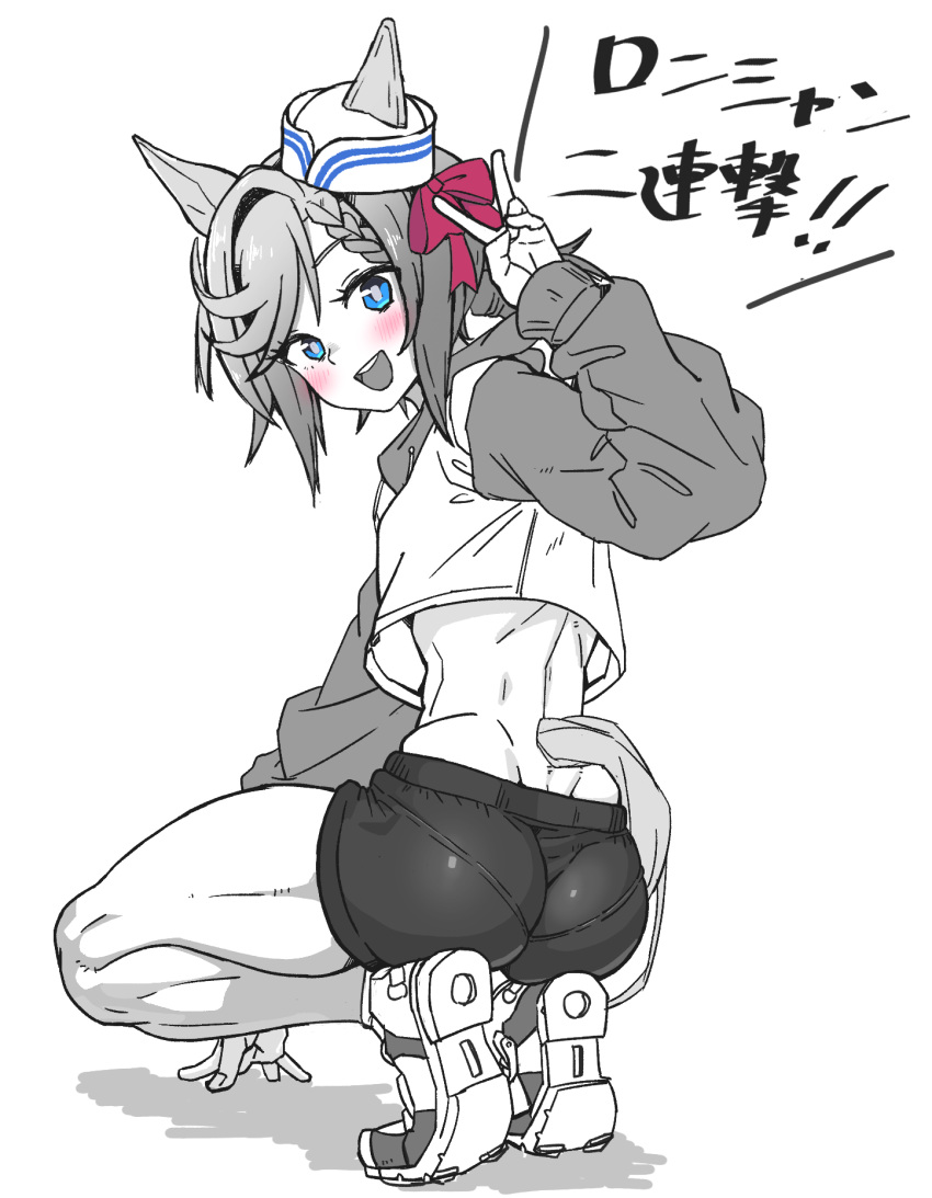 1girl alternate_costume animal_ears ass blue_eyes blush bow braid commentary_request cropped_jacket dixie_cup_hat ear_bow ear_ornament ears_through_headwear from_behind hat heart highres horse_ears horse_girl horse_tail jacket long_sleeves medium_hair military_hat open_mouth red_bow shoes shorts simple_background smile sneakers solo spoken_heart spot_color squatting tail teeth translation_request umamusume upper_teeth_only v venus_paques_(umamusume) white_background yaki_apple