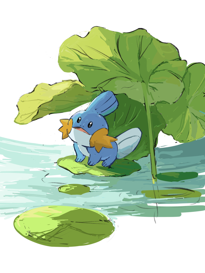 absurdres animal_focus black_eyes commentary_request full_body highres lily_pad looking_up mudkip no_humans open_mouth outdoors partial_commentary pokemon pokemon_(creature) solo standing taishinten water