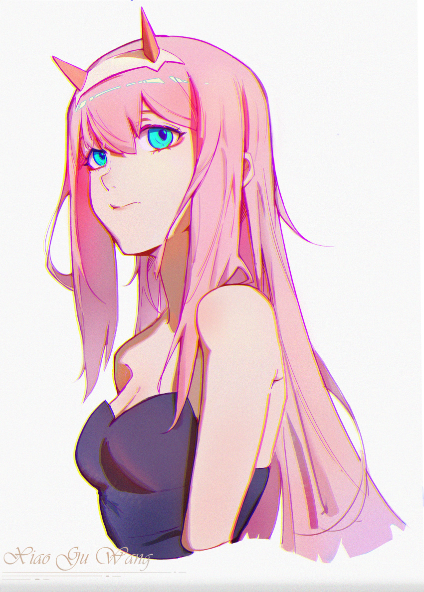 1girl absurdres bare_arms black_dress blue_eyes breasts cleavage closed_mouth cropped_arms cropped_torso darling_in_the_franxx dress grey_background hair_between_eyes hairband highres horns long_hair pink_hair small_breasts solo strapless very_long_hair white_hairband xiao_gu_wang zero_two_(darling_in_the_franxx)