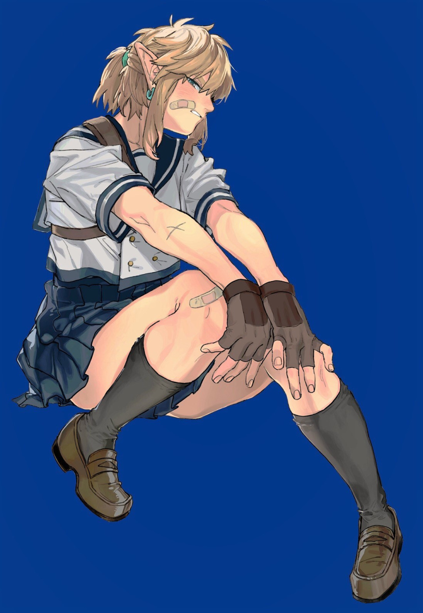 1boy arm_on_knee bandaid bandaid_on_face bandaid_on_knee bandaid_on_leg black_skirt blonde_hair blue_eyes blush crossdressing embarrassed frown gloves gyou_chin highres kneehighs legs_together link looking_at_viewer looking_down male_focus pointy_ears scar scar_on_arm school_uniform short_ponytail skirt socks the_legend_of_zelda the_legend_of_zelda:_breath_of_the_wild