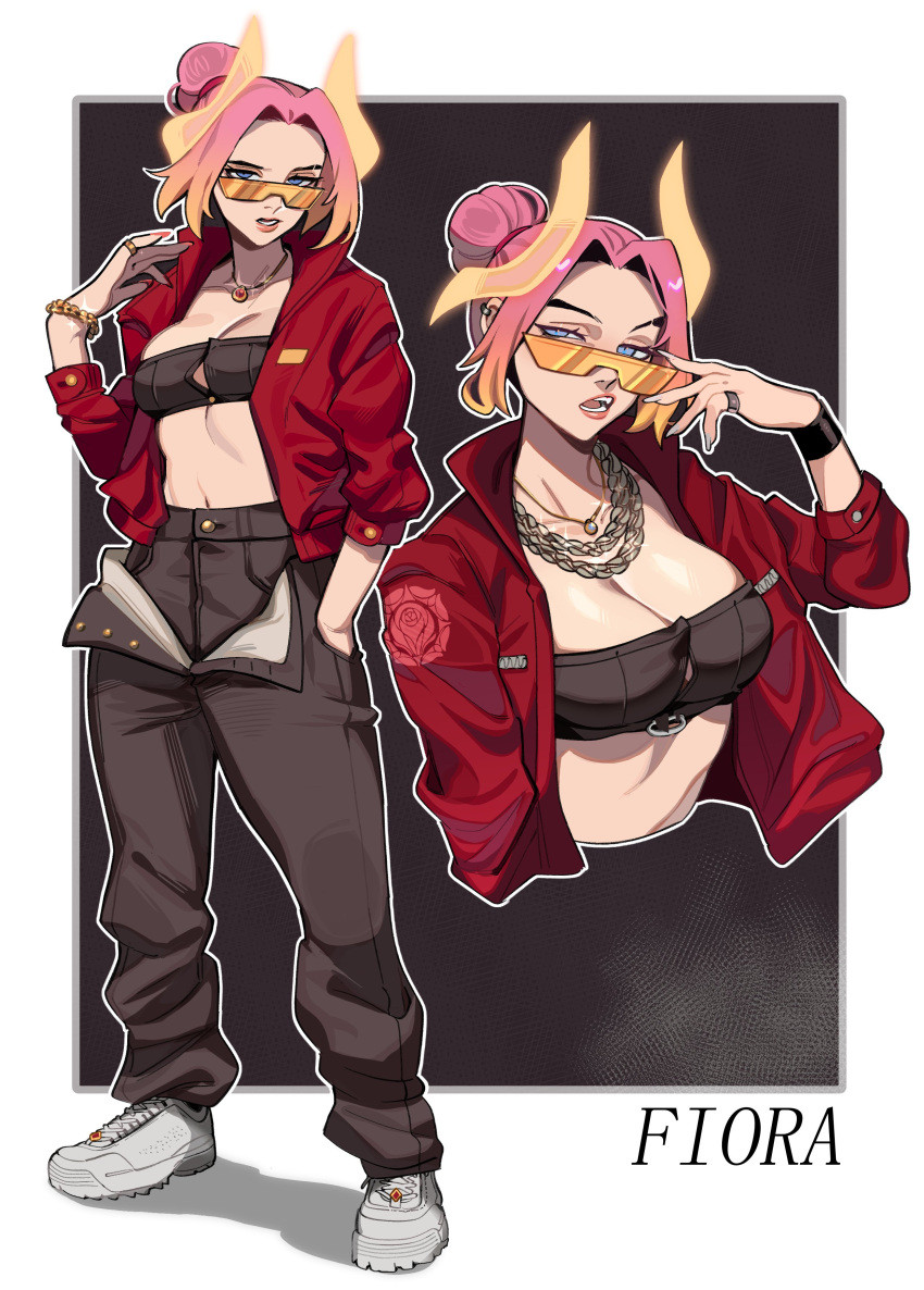 1girl absurdres adjusting_eyewear bandeau black_bandeau black_pants blue_eyes bracelet breasts chain chain_necklace character_name chinese_new_year cleavage fashion fiora_(league_of_legends) full_body gold_chain gold_ring grey_nails hair_bun hand_in_pocket highres holographic_horns horns jacket jewelry league_of_legends looking_at_viewer looking_over_eyewear lunar_beast_fiora medium_breasts medium_hair multicolored_hair multiple_rings multiple_views necklace open_clothes open_fly open_jacket open_mouth orange-tinted_eyewear orange_hair pants pink_hair pink_nails porqueloin red_jacket ring shoes simple_background sleeves_past_elbows sneakers streetwear sunglasses teeth tinted_eyewear tongue two-tone_hair upper_body white_footwear yellow_horns