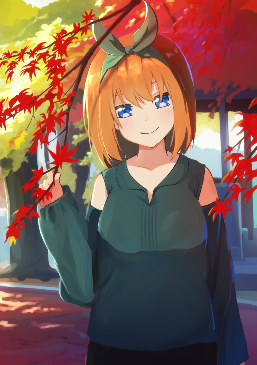 1girl absurdres alternate_costume arm_at_side autumn autumn_leaves bare_shoulders blue_eyes blush branch casual closed_mouth collarbone collared_shirt commentary cowboy_shot day eyebrows_hidden_by_hair go-toubun_no_hanayome green_ribbon green_shirt hair_between_eyes hair_ribbon hand_up highres holding holding_branch looking_at_viewer medium_hair nakano_yotsuba orange_hair outdoors ribbon shirt sidelighting sleeves_past_wrists smile solo straight-on straight_hair tree yasuba_yuichi