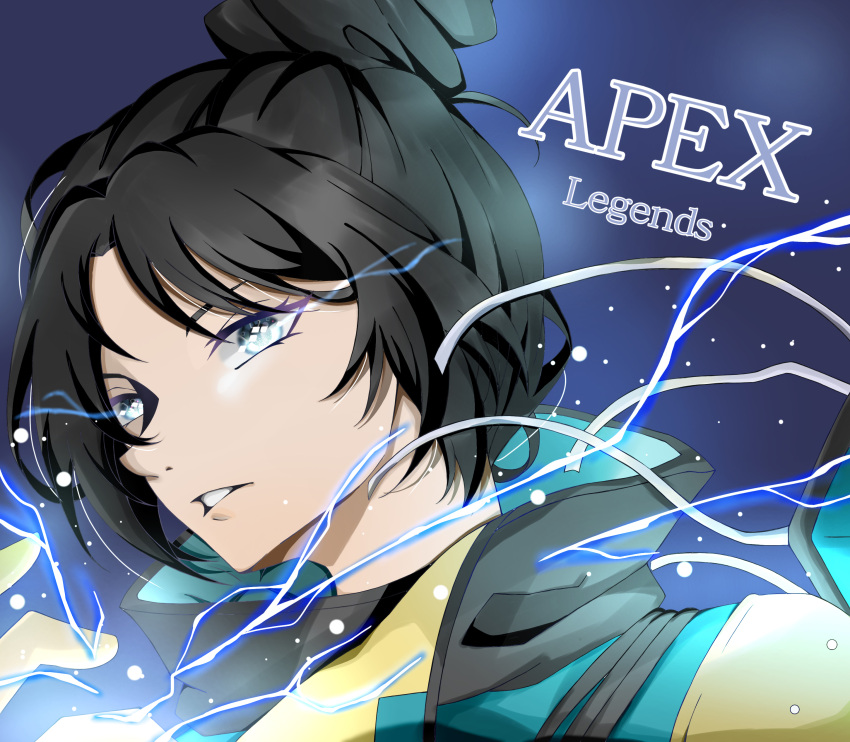 1girl absurdres animification apex_legends black_hair blue_background blue_bodysuit bodysuit copyright_name depths_of_the_void_wraith electricity gloves hair_bun highres looking_at_viewer official_alternate_costume portrait sakuratsuki_(sa_0727_) single_hair_bun solo wraith_(apex_legends) yellow_gloves