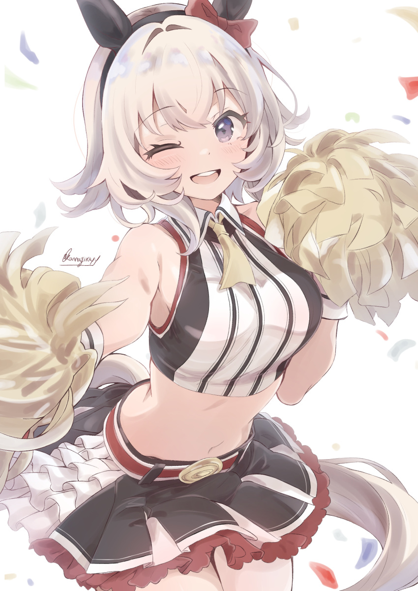 1girl alternate_costume animal_ears blush breasts commentary_request confetti curren_chan_(umamusume) grey_hair hair_between_eyes hair_ornament headband highres horse_ears horse_girl horse_tail kannagiray looking_at_viewer medium_breasts midriff navel open_mouth pom_pom_(cheerleading) purple_eyes signature sleeveless solo tail teeth umamusume upper_teeth_only white_background