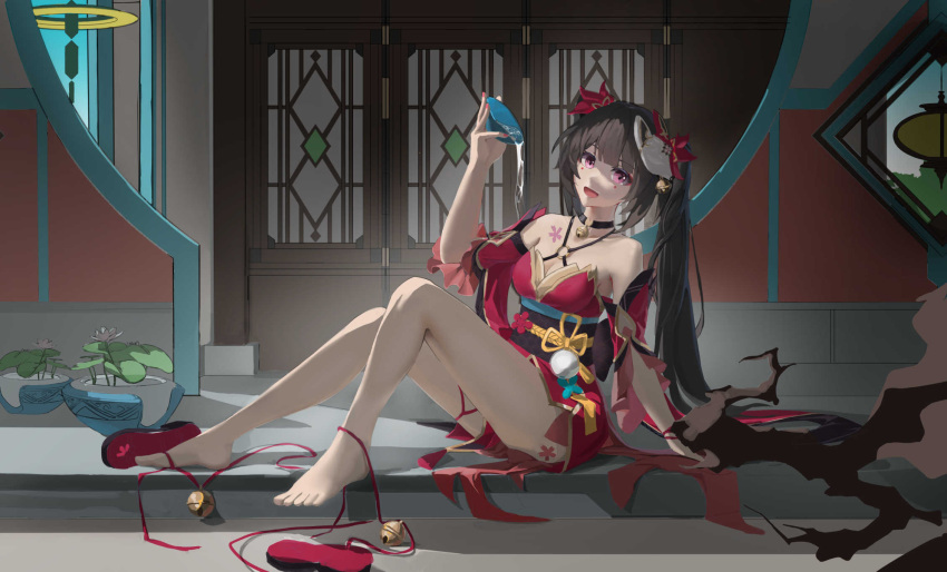 1girl bare_legs bare_shoulders barefoot bell black_choker black_hair black_sash breasts chinese_commentary choker cleavage commentary_request detached_sleeves dress feet flower_tattoo fox_mask full_body highres holding honkai:_star_rail honkai_(series) indoors japanese_clothes jingle_bell kimono knees_up lattice legs long_hair looking_at_viewer mask mask_on_head obi open_mouth pink_eyes plant pouring red_dress red_footwear sash shoes sitting small_breasts smile solo sparkle_(honkai:_star_rail) tattoo thighs toes twintails unworn_shoes very_long_hair xiaochen