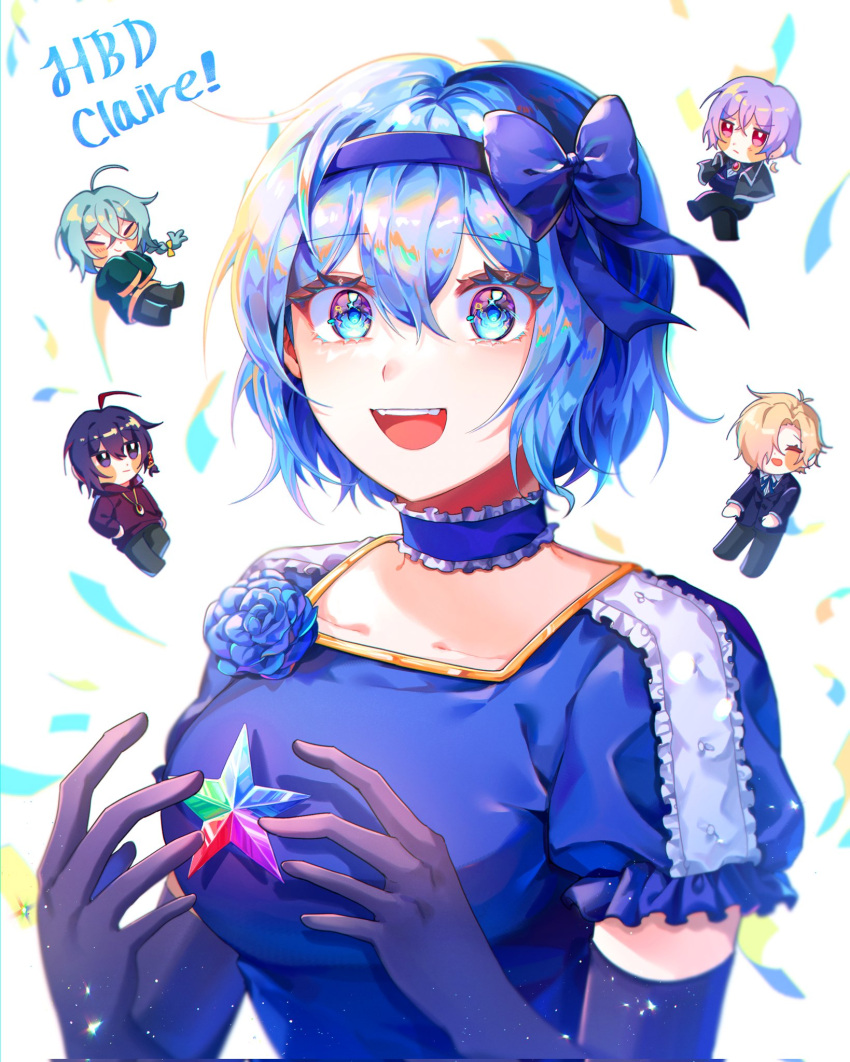 1girl 4boys aqua_hair ashe_bradley black_capelet black_gloves black_pants blonde_hair blue_bow blue_choker blue_eyes blue_flower blue_hair blue_hairband blue_ribbon blue_suit blush_stickers bow braid breasts capelet character_name chibi chibi_inset choker claire_elford closed_eyes closed_mouth collarbone crescent crescent_earrings earrings elbow_gloves flower frilled_choker frills gloves green_jacket hair_between_eyes hair_bow hair_intakes hairband happy_birthday highres holding holding_star hood hood_down hoodie jacket jewelry large_breasts multiple_boys necklace noel_levine open_mouth own_hands_together pants pu0070201 puffy_short_sleeves puffy_sleeves purple_eyes purple_hair red_eyes red_hair red_hoodie ribbon shiny_eyes shirt short_hair short_sleeves single_braid sirius_gibson smile solo_focus star_(symbol) suit teeth upper_teeth_only white_background white_shirt wilardo_adler witch's_heart yellow_trim