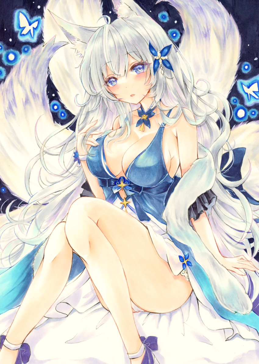 1girl 2424yume absurdres animal_ear_fluff animal_ears azur_lane bare_shoulders blue_butterfly blue_collar blue_dress blue_eyes breasts bug butterfly cleavage collar commentary dress evening_gown feather_boa feet_out_of_frame fox_ears fox_girl halter_dress halterneck highres kitsune kyuubi large_breasts large_tail long_hair looking_at_viewer multiple_tails official_alternate_costume panties shinano_(azur_lane) shinano_(dreams_of_the_hazy_moon)_(azur_lane) sitting sleeveless sleeveless_dress solo tail traditional_media underwear very_long_hair white_panties white_tail wrist_flower