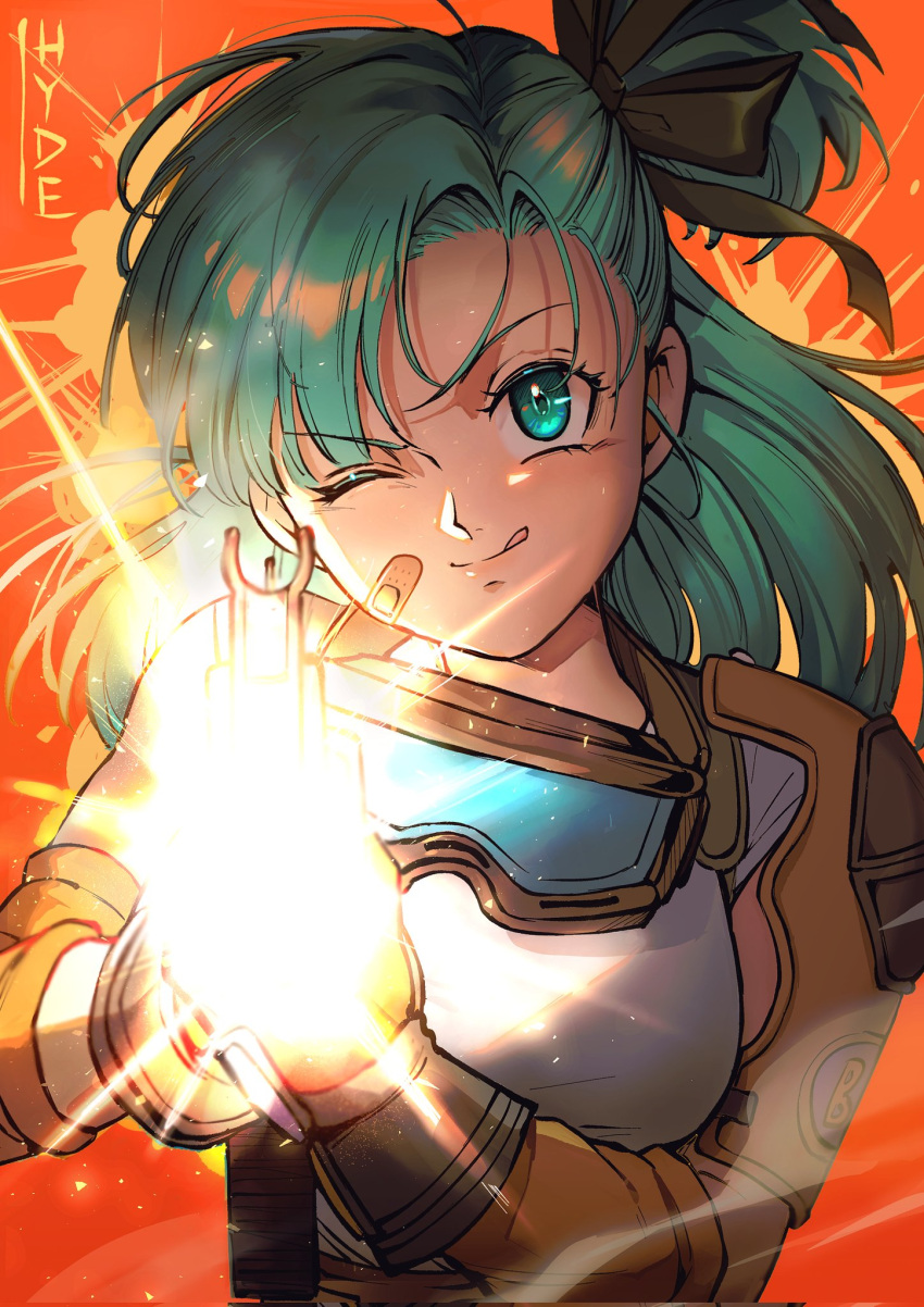 ;q aiming aiming_at_viewer artist_name black_ribbon blue_eyes blue_hair breasts brown_gloves bulma dragon_ball dragon_ball_(classic) eyelashes firing gloves goggles goggles_around_neck gun hair_ribbon high_side_ponytail highres hydeover9000 long_hair machine_gun medium_breasts one_eye_closed orange_background ribbon shirt sleeveless sleeveless_shirt tongue tongue_out upper_body weapon white_shirt