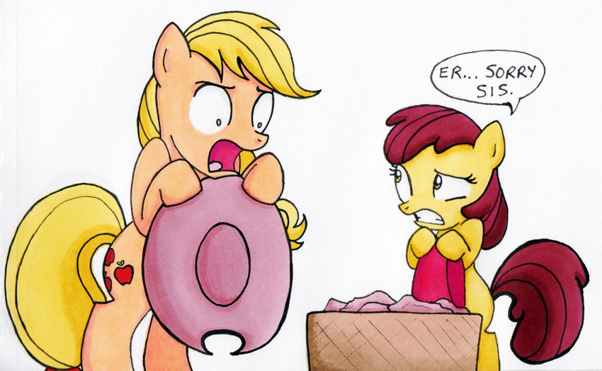 applebloom_(mlp) applejack_(mlp) basket blonde_hair clothing cowboy_hat cub cutie_mark cutie_mark_crusaders_(mlp) equine eyelashes female feral friendship_is_magic green_eyes hair hasbro hat horrified horse humor laundry mammal my_little_pony orange_body pony red_hair ribbons shocked the_dark_lord_keisha warm_colors yellow_body yellow_eyes young