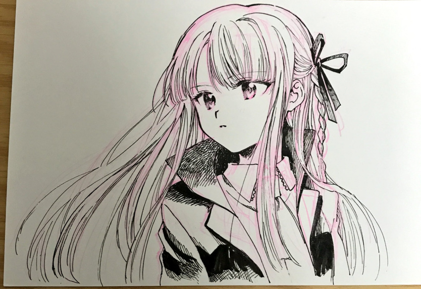 1girl blunt_bangs braid coattails collared_jacket collared_shirt commentary_request danganronpa:_trigger_happy_havoc danganronpa_(series) eyelashes greyscale hair_ribbon high_collar highres jacket kirigiri_kyoko lace-trimmed_collar lace_trim long_hair long_sleeves looking_ahead monochrome necktie no+bi= open_clothes open_jacket parted_bangs parted_lips photo_(medium) purple_eyes purple_hair ribbon shirt single_braid solo spot_color traditional_media upper_body