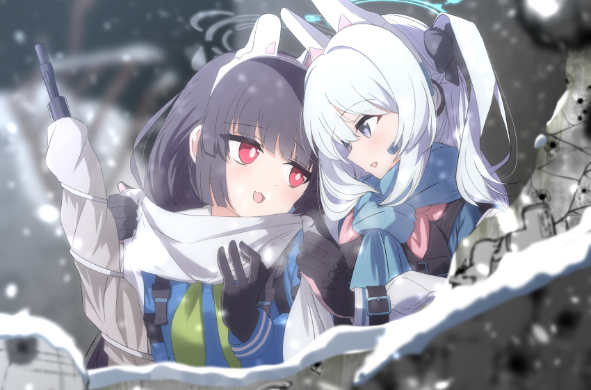 2girls animal_ears black_gloves black_hair blue_archive blue_scarf blush bolt_action bright_pupils earpiece fake_animal_ears gloves green_neckerchief grey_gloves grey_hair gun highres kaine_(gupisgood) long_hair long_sleeves miyako_(blue_archive) miyu_(blue_archive) mosin-nagant multiple_girls neckerchief one_side_up open_mouth pink_gloves pink_neckerchief purple_eyes rabbit_ears red_eyes rifle scarf smile two-tone_gloves weapon white_pupils white_scarf