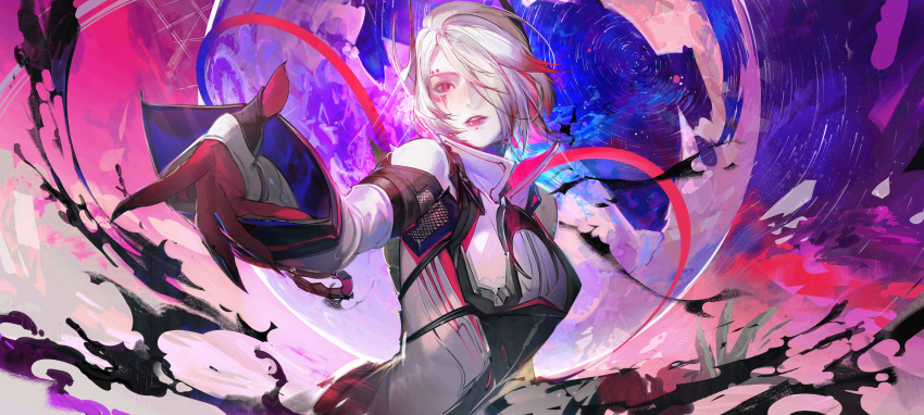 1girl absurdres apex_legends blood_moon_catalyst cable catalyst_(apex_legends) cloud colored_tips gloves hair_over_one_eye head_tilt highres jacket kurikabacha liquid multicolored_hair official_alternate_costume parted_lips red_eyes red_gloves red_hair sky sleeves_past_wrists solo white_hair white_jacket