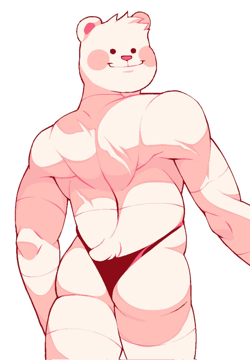 aliasing anthro anthrofied bear biped black_eyes blush blush_stickers butt clothing cucurucho_(qsmp) digital_media_(artwork) dobyghost dot_eyes fur head_tuft hi_res looking_at_viewer looking_back looking_back_at_viewer male male_anthro mammal muscular muscular_anthro muscular_male pink_nose qsmp rear_view red_clothing red_underwear shaded simple_background smile solo standing tail tuft underwear white_background white_body white_fur