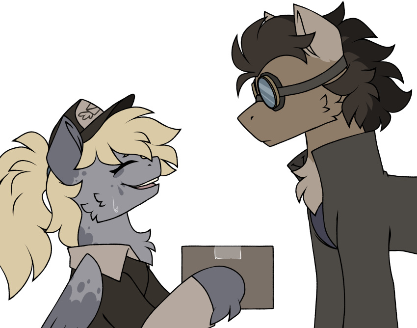 2024 absurd_res awkward_smile blonde_hair blue_clothing blue_shirt blue_topwear box brown_body brown_clothing brown_fur brown_hair brown_jacket brown_shirt brown_topwear clothing container delivery_(commerce) delivery_employee derpy_hooves_(mlp) doctor_whooves_(mlp) duo earth_pony equid equine eyewear fanfic fanfiction female feral friendship_is_magic fur goggles grey_body grey_fur hair hasbro hi_res horse jacket male male/female mammal my_little_pony mythological_creature mythological_equine mythology nervous_smile pegacousin pegasus pony ponytail postal_carrier postal_delivery shirt striped_body striped_fur stripes topwear war_never_ends_(mlp_fanfic) wings