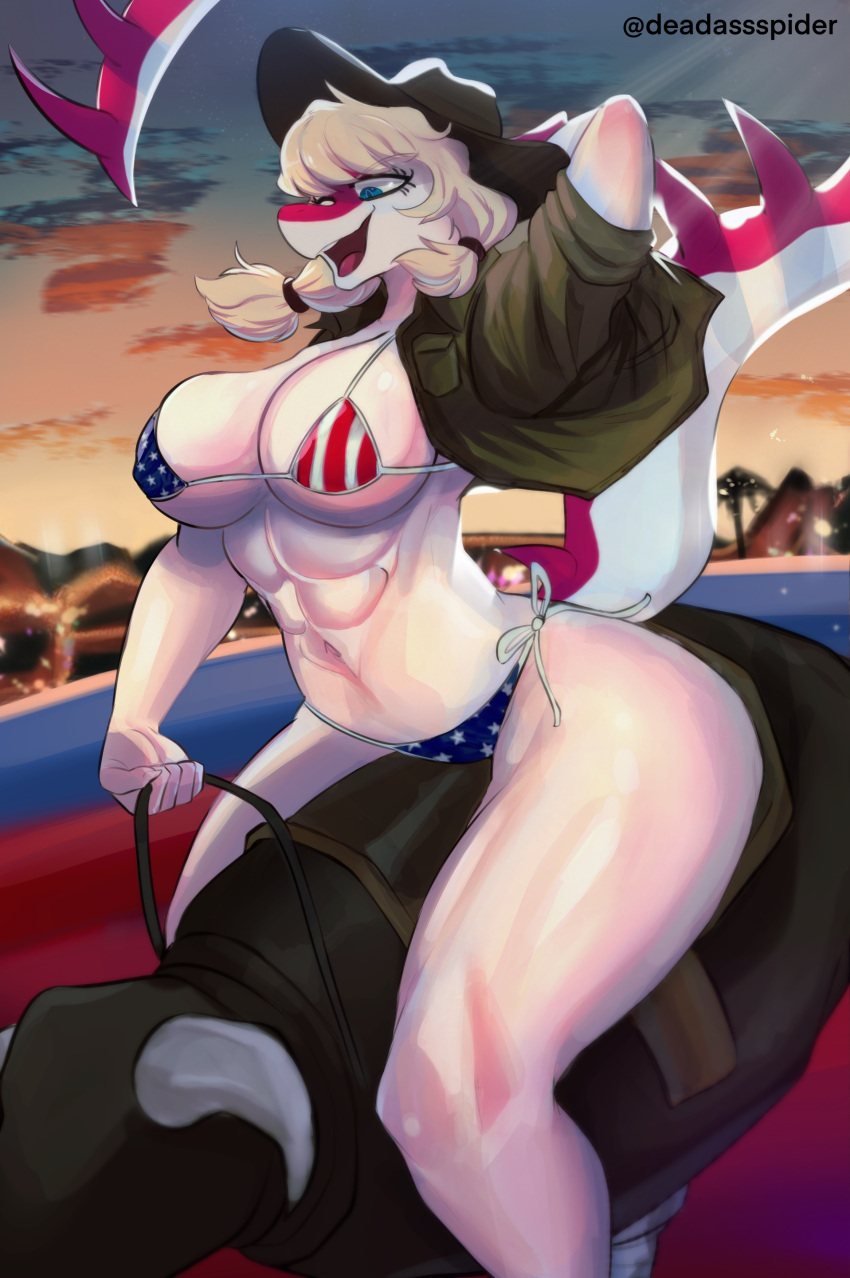 2024 5_fingers abs absurd_res american_flag_bikini anthro artist_name athletic athletic_anthro athletic_female big_breasts bikini blonde_hair blue_eyes breasts cavemanon_studios claws clothed clothing cowboy_hat curvy_figure deadassspider detailed_background digital_drawing_(artwork) digital_media_(artwork) dinosaur eyelashes female finger_claws fingers flag_bikini hadrosaurid hair hand_behind_head hat headgear headwear hi_res i_wani_hug_that_gator jacket long_tail mechanical_bull mia_(iwhtg) multicolored_body multicolored_scales open_mouth open_smile ornithischian outside parasaurolophus red_body red_scales reptile scales scalie side-tie_bikini skimpy skimpy_bikini smile snout solo spiked_tail spikes spikes_(anatomy) string_bikini swimwear tail thick_thighs topwear two_tone_body two_tone_scales watermark white_body white_scales wide_hips