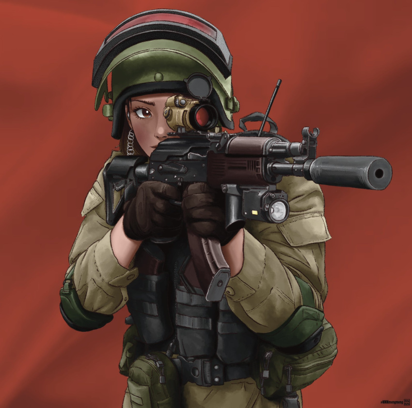 1girl ammunition_pouch brown_eyes brown_hair earpiece elbow_pads flashlight gloves helmet highres kalashnikov_rifle magazine_(weapon) military_uniform nnnmengmeng optical_sight original pouch red_background signature soldier solo suppressor uniform visor_(armor)