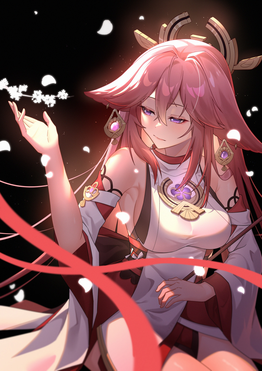 1girl absurdres animal_ears bare_shoulders breasts chenghuzongsi commentary_request fox_ears genshin_impact hair_between_eyes hand_up highres large_breasts long_hair nontraditional_miko pink_hair purple_eyes shirt sitting sleeveless sleeveless_shirt solo very_long_hair white_shirt yae_miko