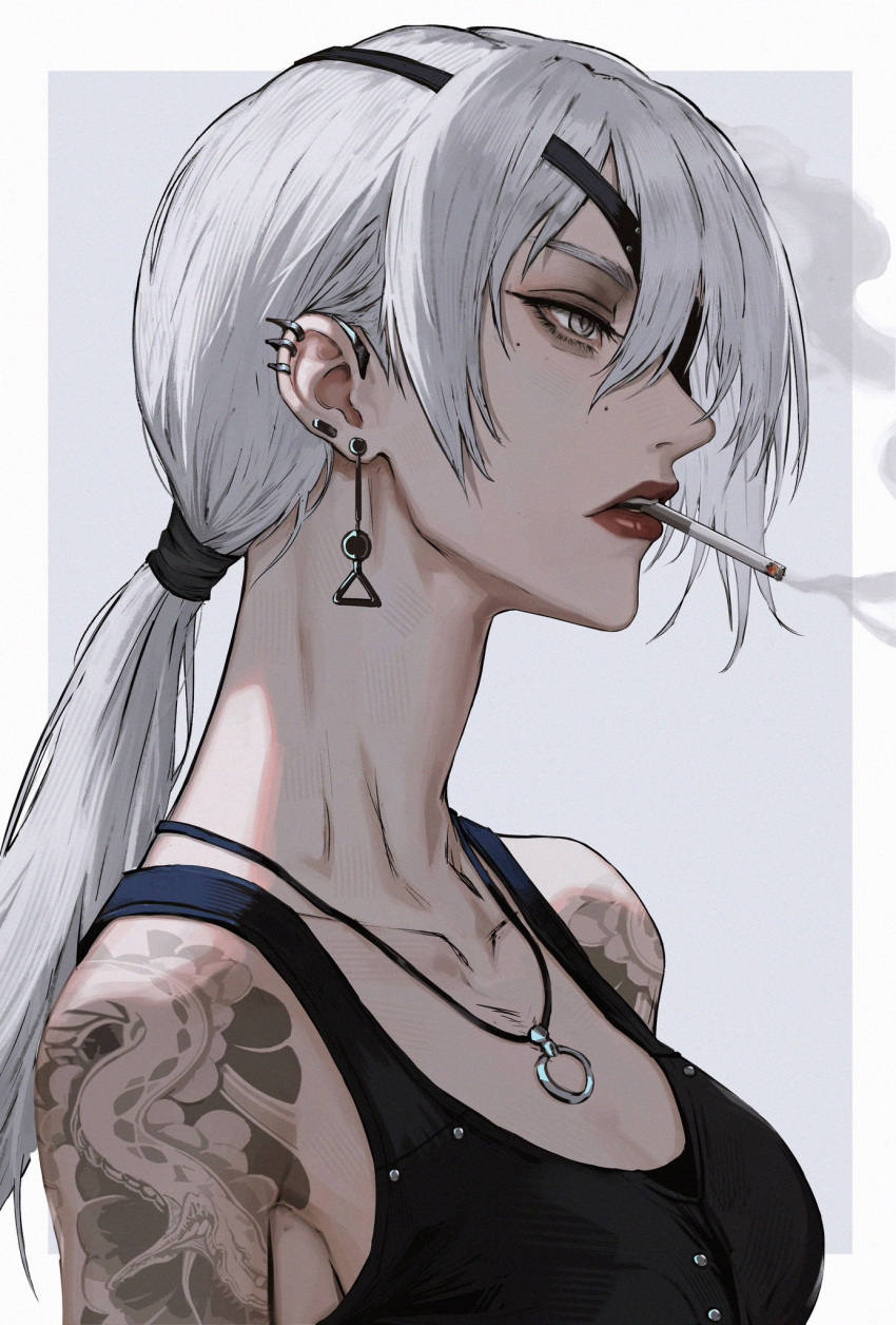 1girl arm_tattoo black_tank_top breasts chainsaw_man cigarette collarbone earrings eyelashes eyepatch from_side grey_background grey_eyes grey_hair hair_between_eyes hair_ornament highres jewelry lee_kimsan long_hair necklace parted_lips ponytail quanxi_(chainsaw_man) smoking solo tank_top tattoo