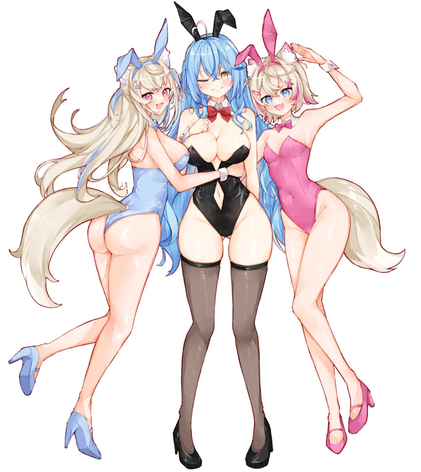 3girls ahoge animal_ear_fluff animal_ears armpits ass bare_shoulders black_footwear black_leotard black_thighhighs blonde_hair blue_bow blue_bowtie blue_eyes blue_footwear blue_hair blue_leotard blush bow bowtie breasts cleavage colored_tips commission covered_navel detached_collar dog_ears dog_girl dog_tail fake_animal_ears fang fuwawa_abyssgard hair_between_eyes hair_ornament heart heart_ahoge high_heels highleg highleg_leotard highres hololive hololive_english large_breasts leotard long_hair looking_at_viewer ma_draws mococo_abyssgard multicolored_hair multiple_girls navel one_eye_closed open_mouth pantyhose pink_bow pink_bowtie pink_eyes pink_footwear pink_hair pink_leotard playboy_bunny pointy_ears rabbit_ears red_bow red_bowtie short_hair siblings sisters skin_fang small_breasts strapless strapless_leotard streaked_hair tail thighhighs thighs traditional_bowtie twins virtual_youtuber wrist_cuffs yellow_eyes yukihana_lamy