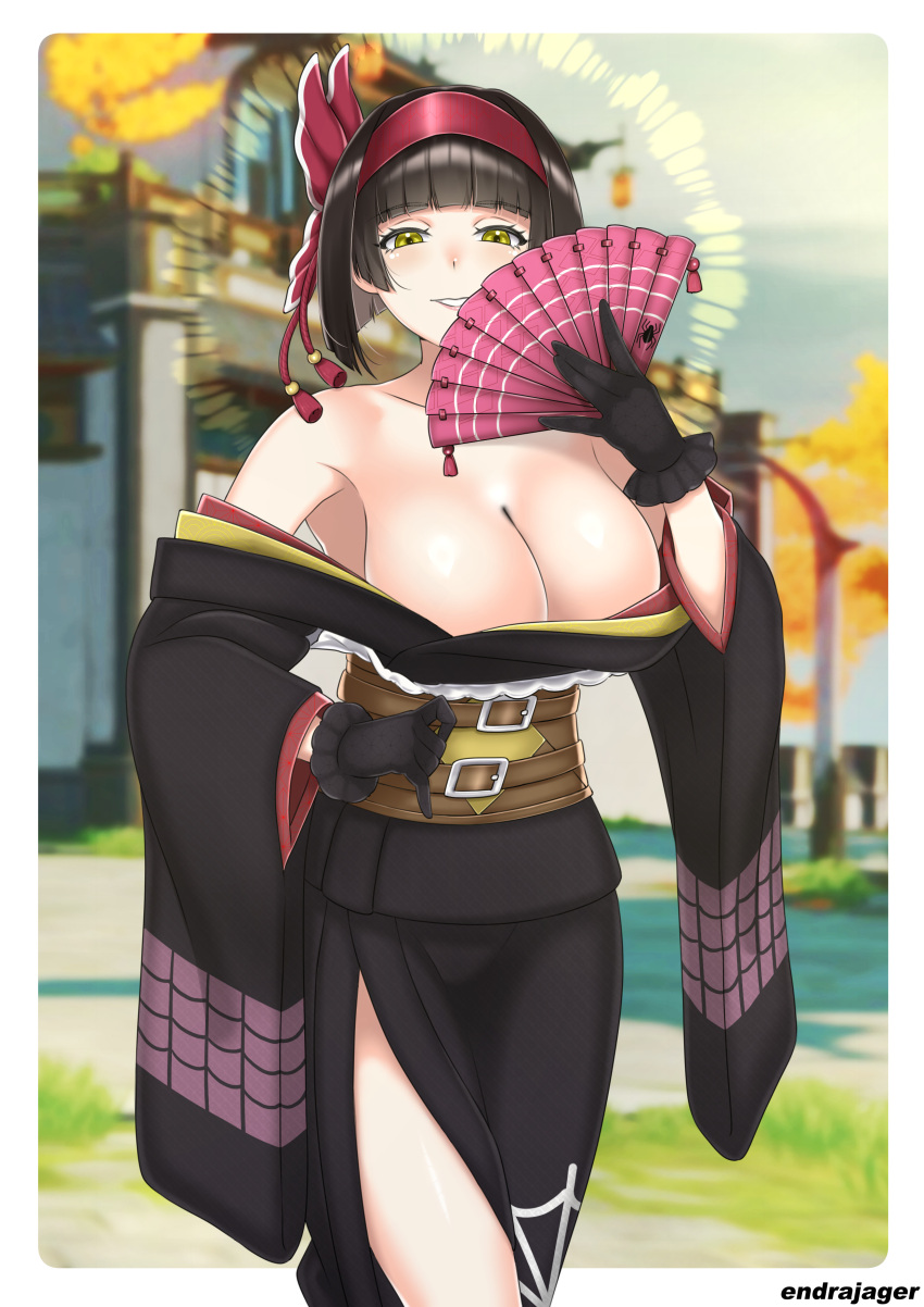 1girl absurdres bare_shoulders belt black_gloves black_hair black_kimono blurry blurry_background breasts covering_face endrajager03 eyebrows_hidden_by_hair gloves hairband halo hand_fan highres holding holding_fan japanese_clothes kimono kimono_pull large_breasts lipstick looking_at_viewer makeup mio_(tsuki_ga_michibiku_isekai_douchuu) multiple_belts photo_background red_hairband short_hair side_slit signature smile solo tsuki_ga_michibiku_isekai_douchuu white_sleeves yellow_eyes